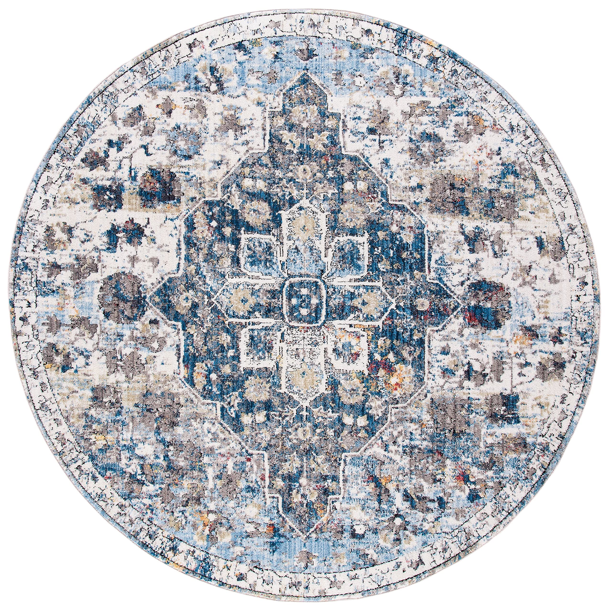 SAFAVIEH Bristol Collection 7' Round Cream & Blue BTL365A Boho Chic Oriental Distressed Area Rug - Perfect for Living Room, Bedroom & Boho Home Decor