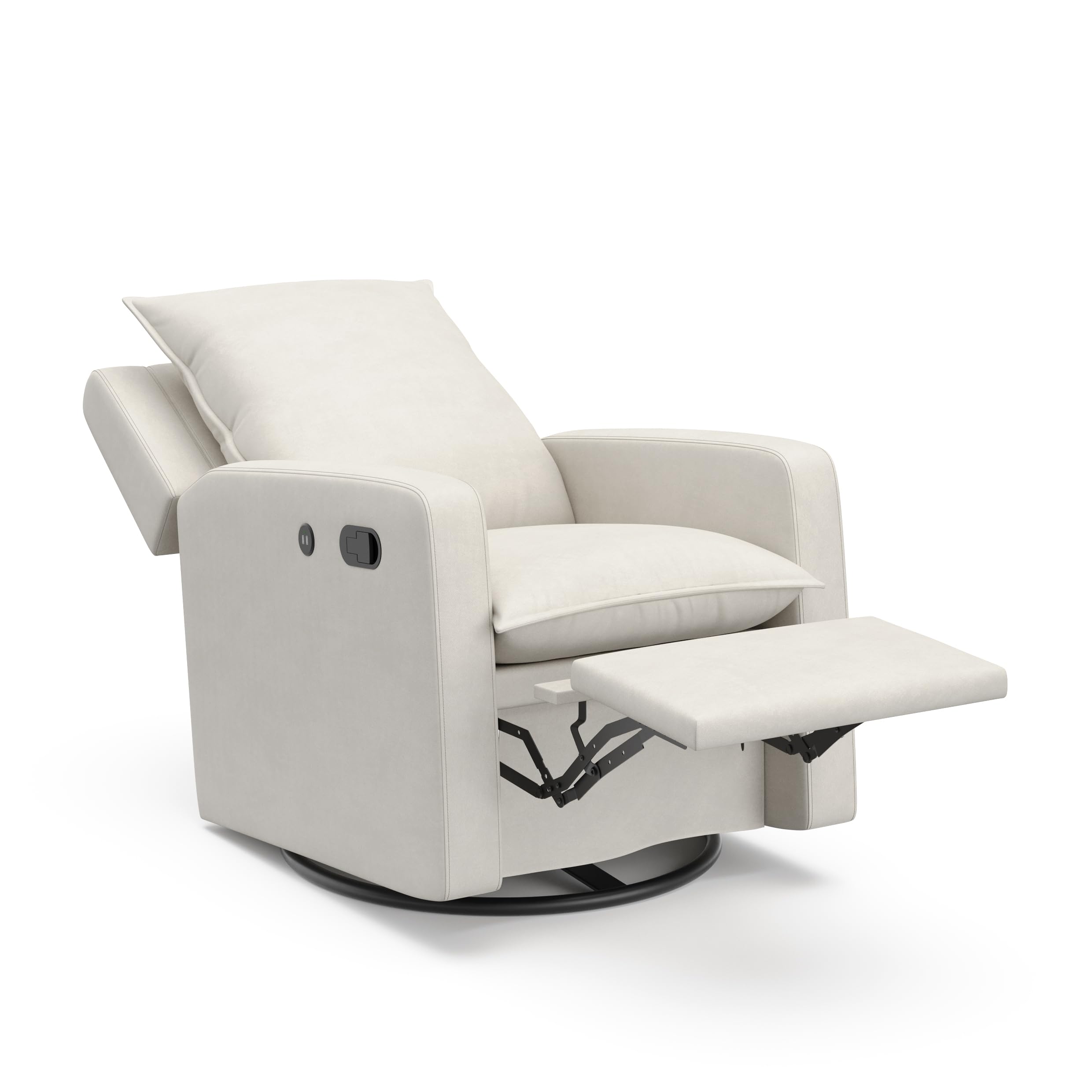 Storkcraft Timeless Reclining Glider Chair with USB Port - 360° Swivel Base, Extendable Footrest & Supportive Cushions, Ivory Fabric Upholstery for Nursery, Living Room & Relaxation