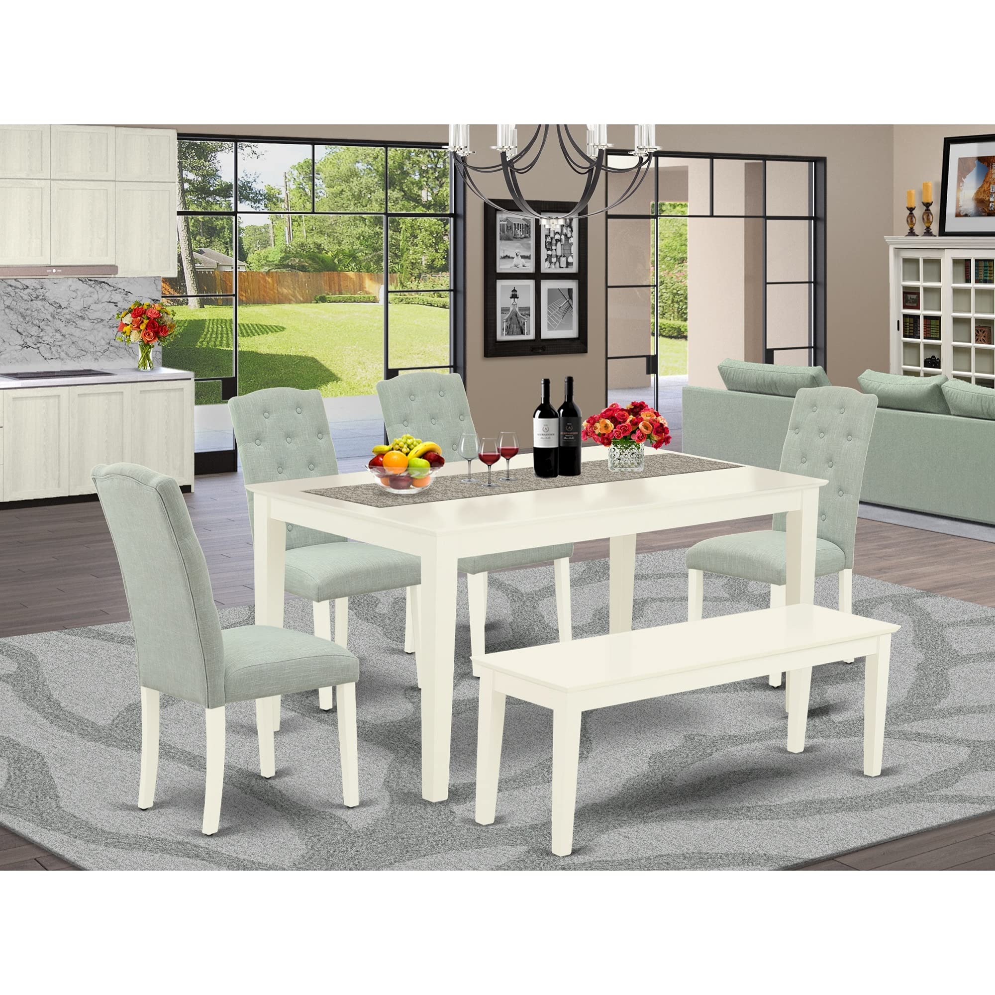 East West Furniture 6-Piece Dining Set - 36x60 Inch Rectangle Table with 4 Baby Blue Linen Chairs & Bench, Modern Kitchen Table Set for Small Spaces | Perfect for Breakfast Nooks, Apartments, and Cozy Family Dinners