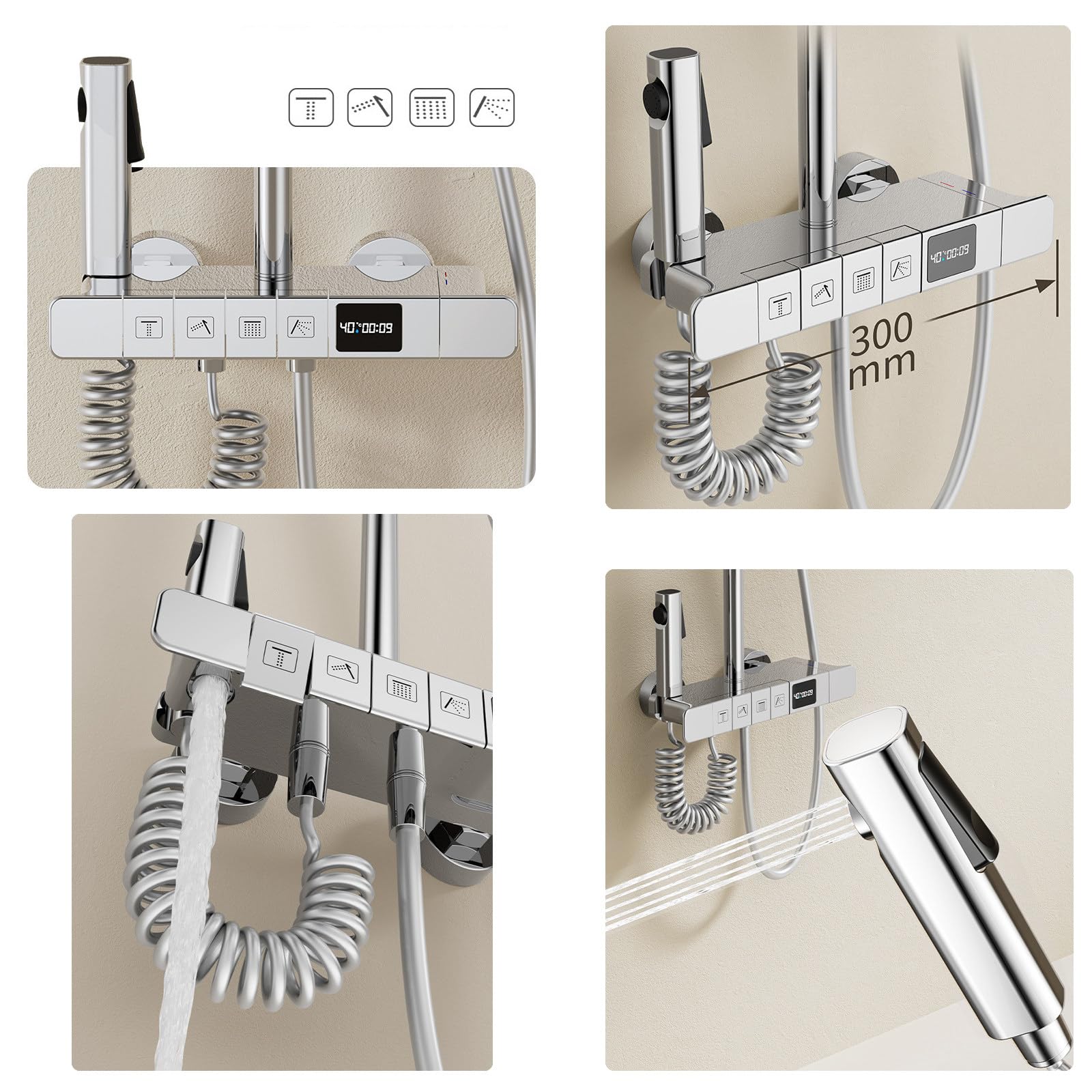 Boyuan Digital Display Brass Mixer Tap - 4 Function Shower System with Round Rainfall Shower Head, 3 Mode Hand Shower & Bidet Sprayer, Adjustable Hot/Cold Water - Perfect for Modern Bathroom Renovation and Spa-Like Shower Experience