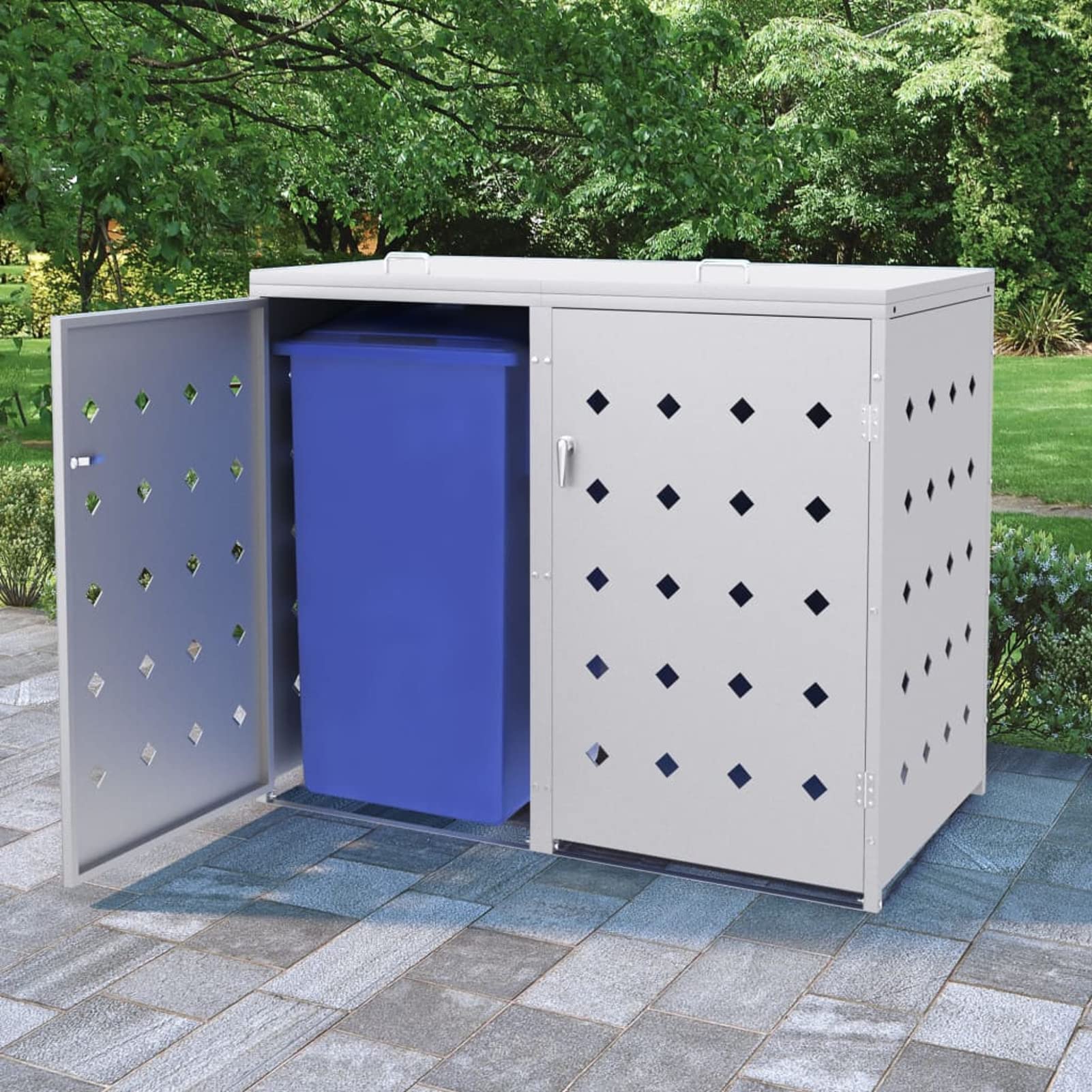 Chusui Outdoor Storage Shed - 63.4 Gallon Stainless Steel Wheelie Bin Shed for Garden, Patio & Backyard Organization | Weatherproof Double Trash Can Enclosure