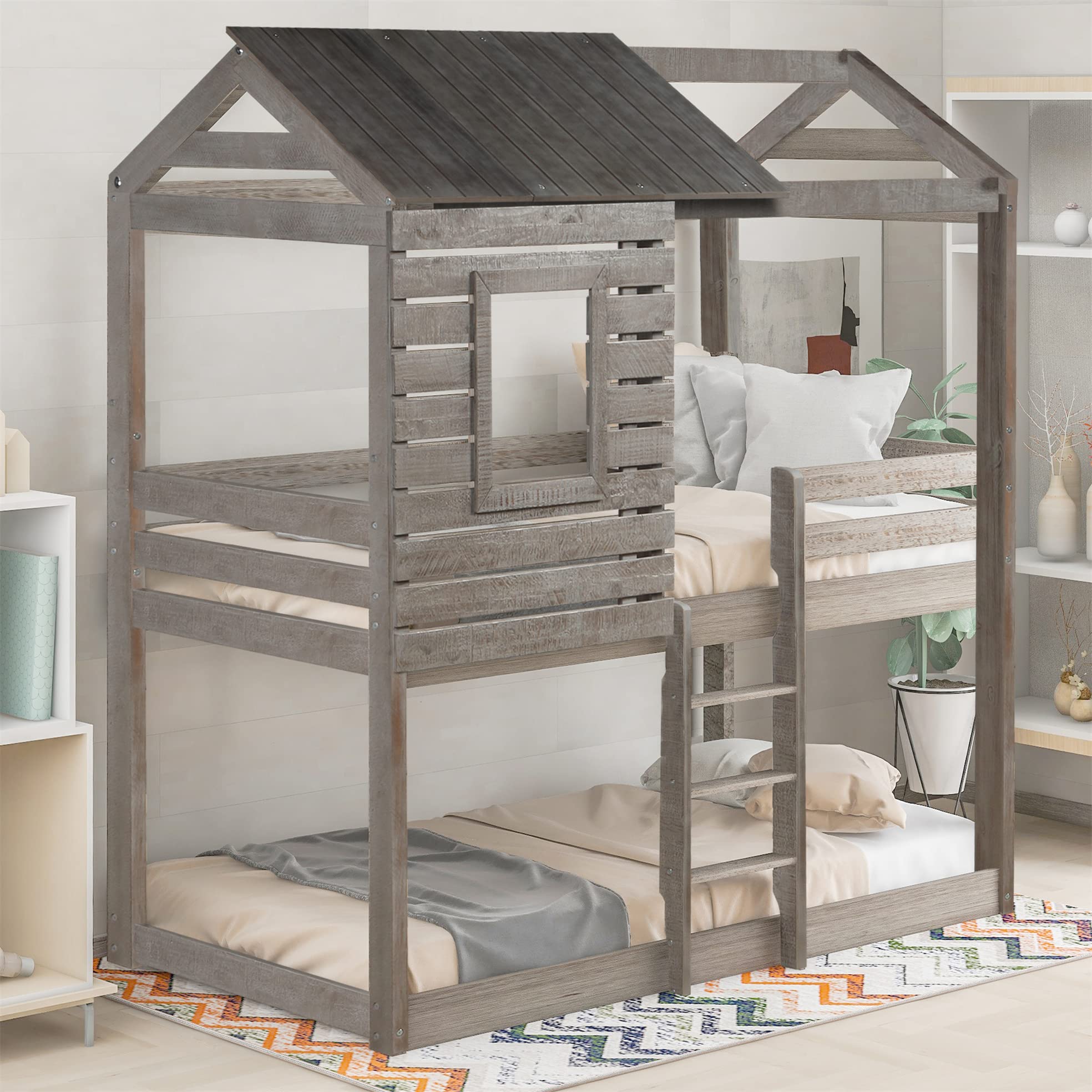 **Low Bunk Bed Twin Over Twin with Roof & Guard Rail for Kids & Teens – No Box Spring Needed – Antique Gray Floor Bunk Beds – Perfect for Small Bedrooms, Dorms, and Shared Kids' Rooms**