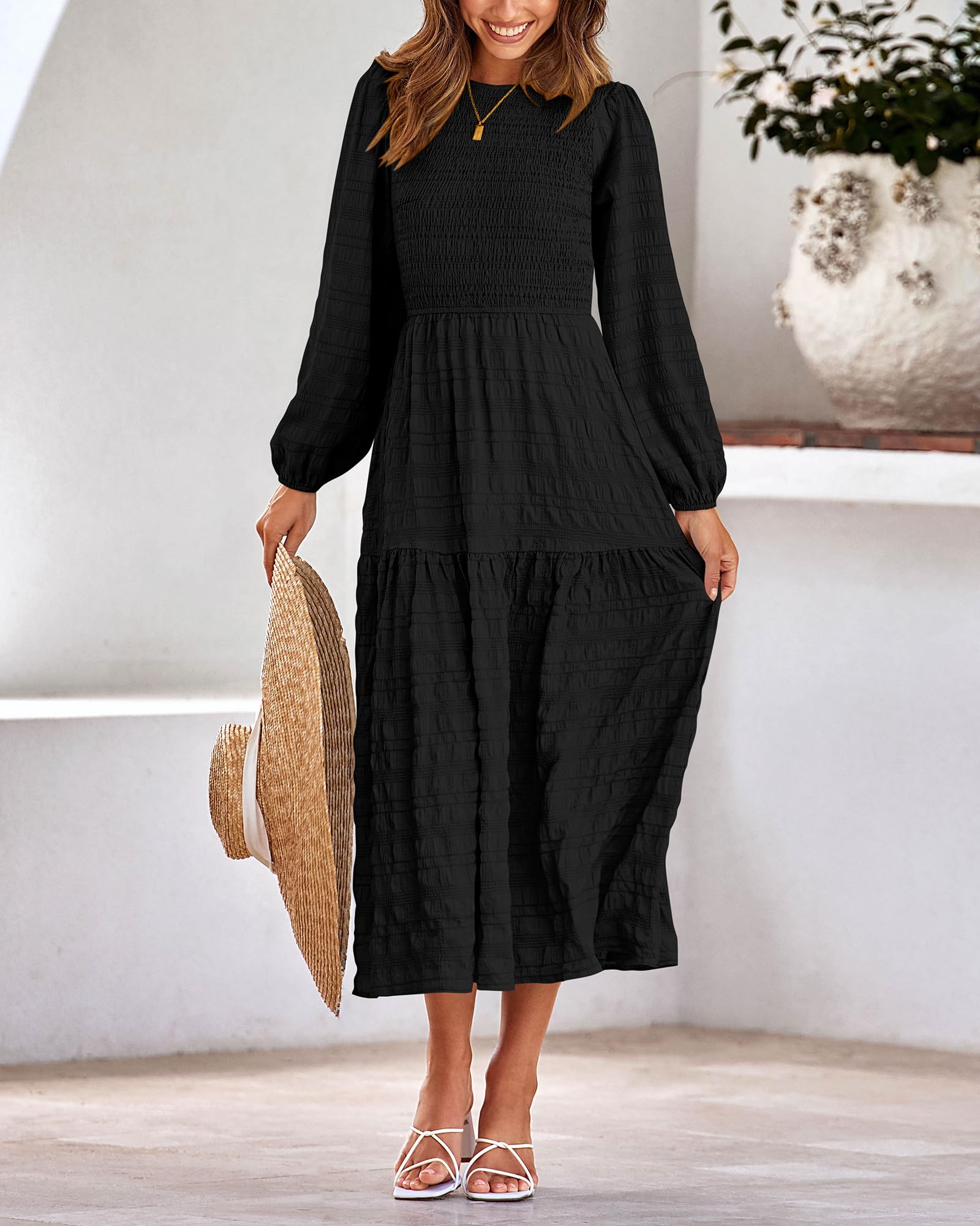 Dowerme Women's Boho Wedding Party Maxi Dress - 2025 Spring Puff Long Sleeve Crewneck Smocked Tiered Flowy A-Line Dress for Bridesmaids, Garden Weddings & Special Occasions