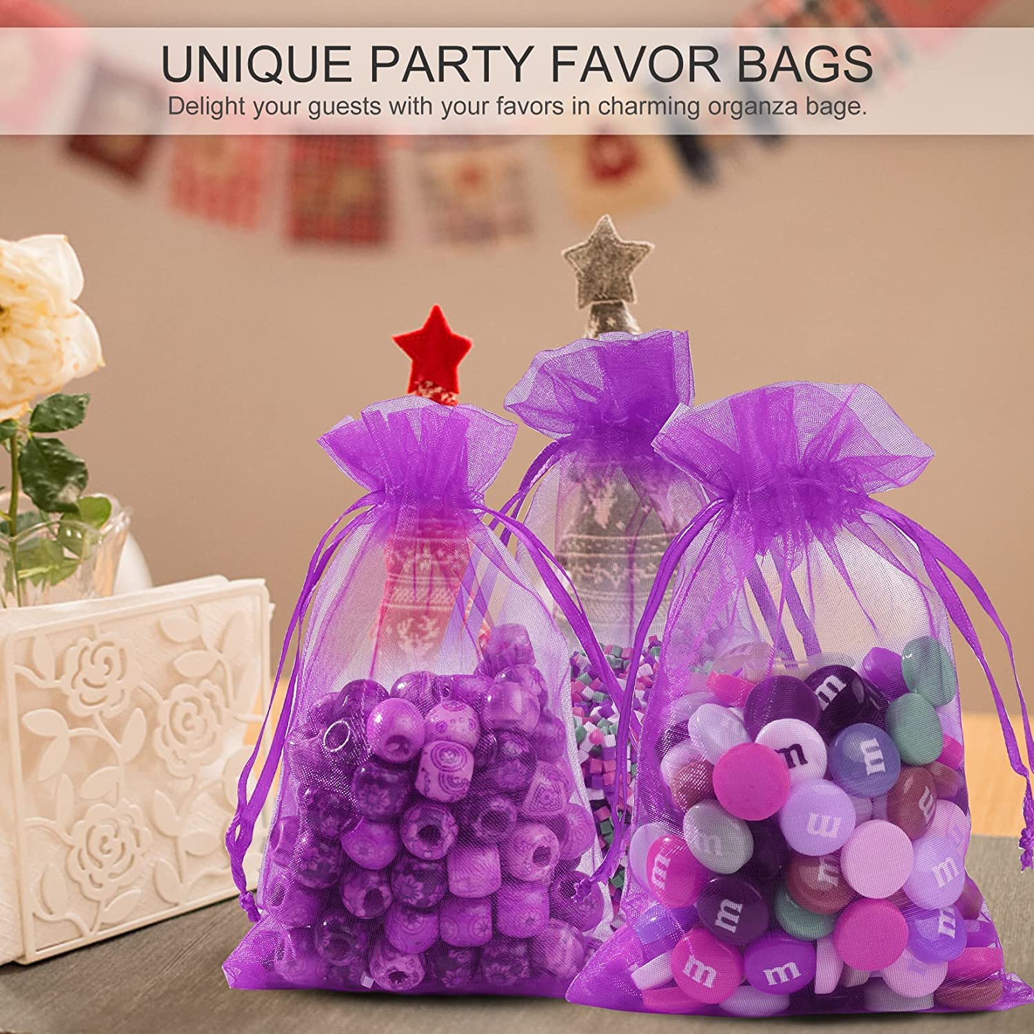 ANZNKU 100PCS Premium 5x7 Inch Purple Organza Gift Bags with Drawstring - Small Mesh Favor Bags for Wedding Favors, Party Gifts, Jewelry Packaging & DIY Crafts