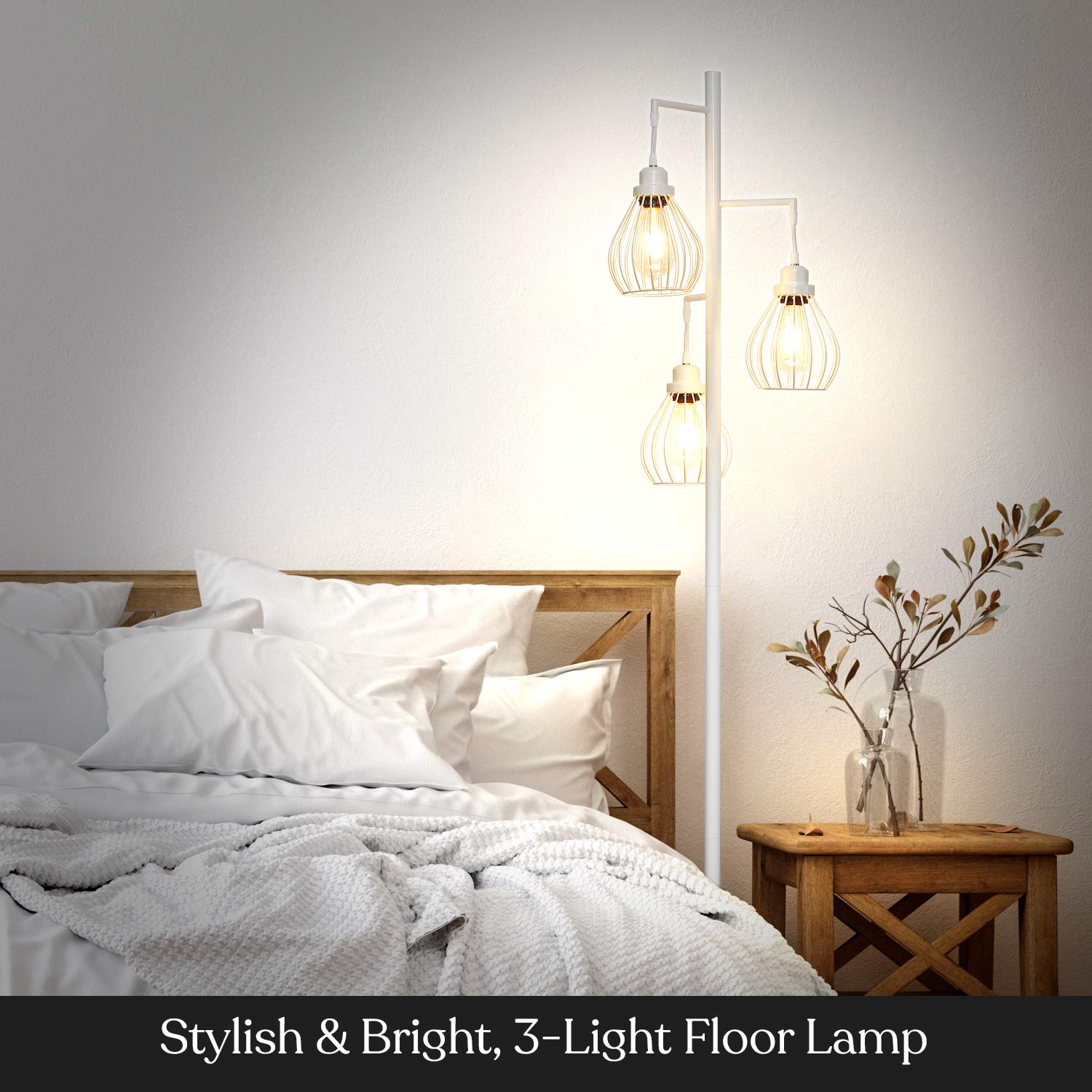 Brightech Teardrop LED Floor Lamp - 3 Elegant Cage Heads with Edison Bulbs, Modern Standing Lamp for Living Room, Office & Bedroom Reading - Tall Tree Design in Alpine White - Perfect for Cozy Nights & Home Decor