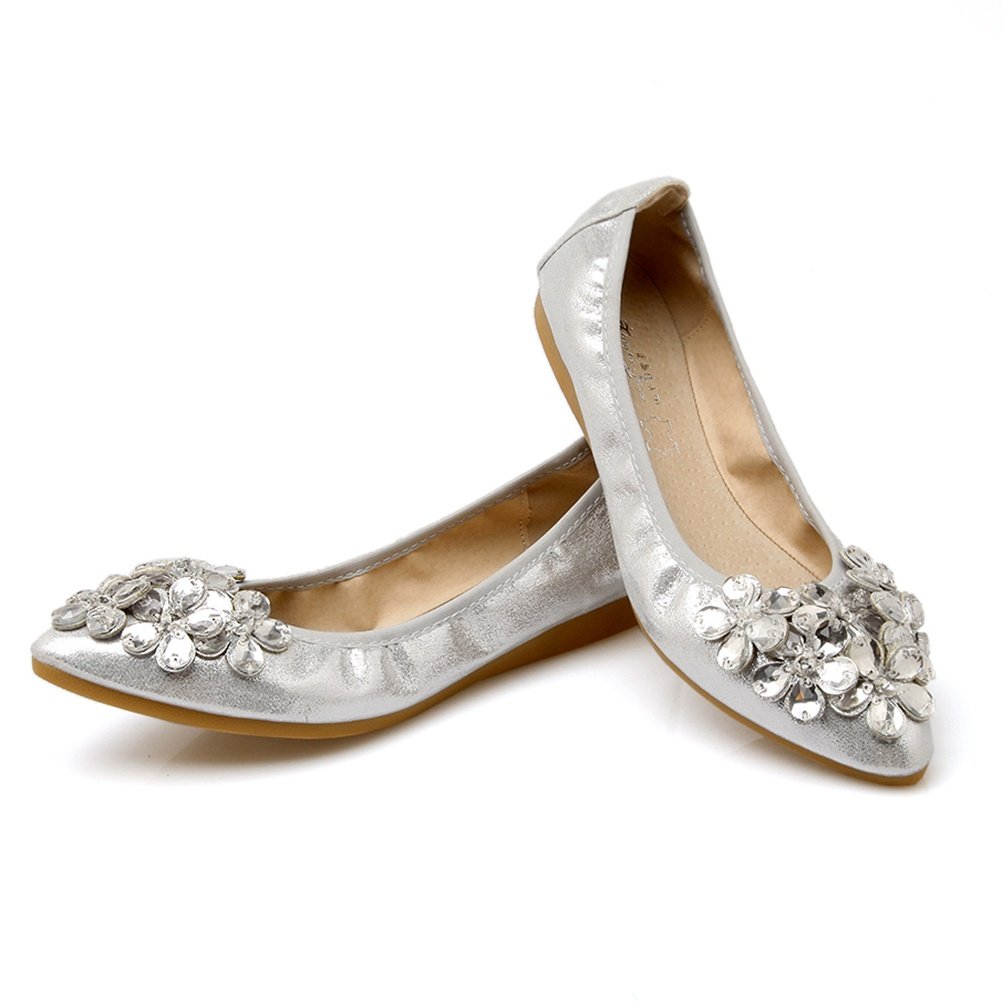 Meeshine Women's Foldable Soft Pointed Toe Ballet Flats - Rhinestone Decorated Comfort Slip-On Shoes for Work, Travel & Casual Wear
