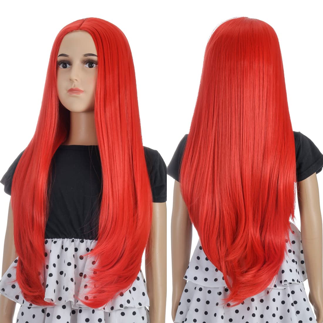 TANTAKO Kids Long Straight Red Wig - Synthetic Halloween Costume Wig for Girls & Boys, Fancy Dress Party Play Wig (Red) - Perfect for Halloween, Cosplay, Theatrical Performances & Dress-Up Play