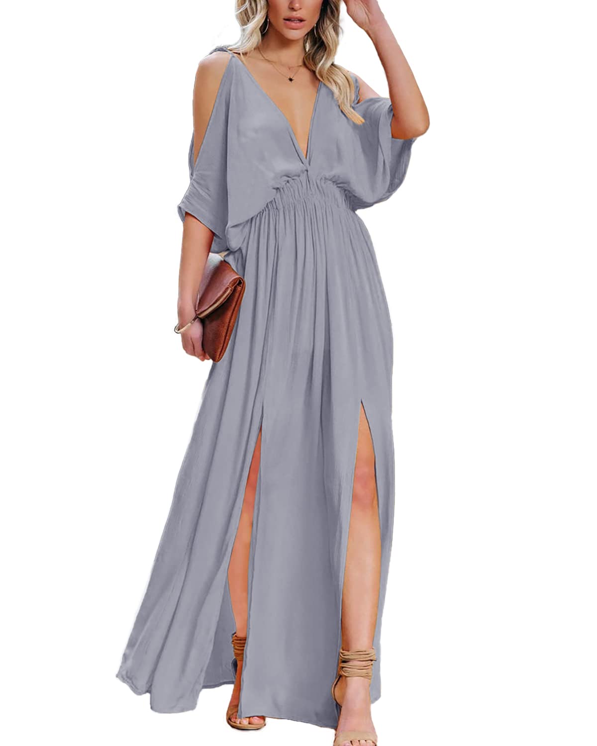 DEEP SELF Women's Summer V-Neck Cold Shoulder Short Sleeve Maxi Dress - High Waist Split Wedding Guest Long Dress for Beach Vacation, Party & Special Occasions