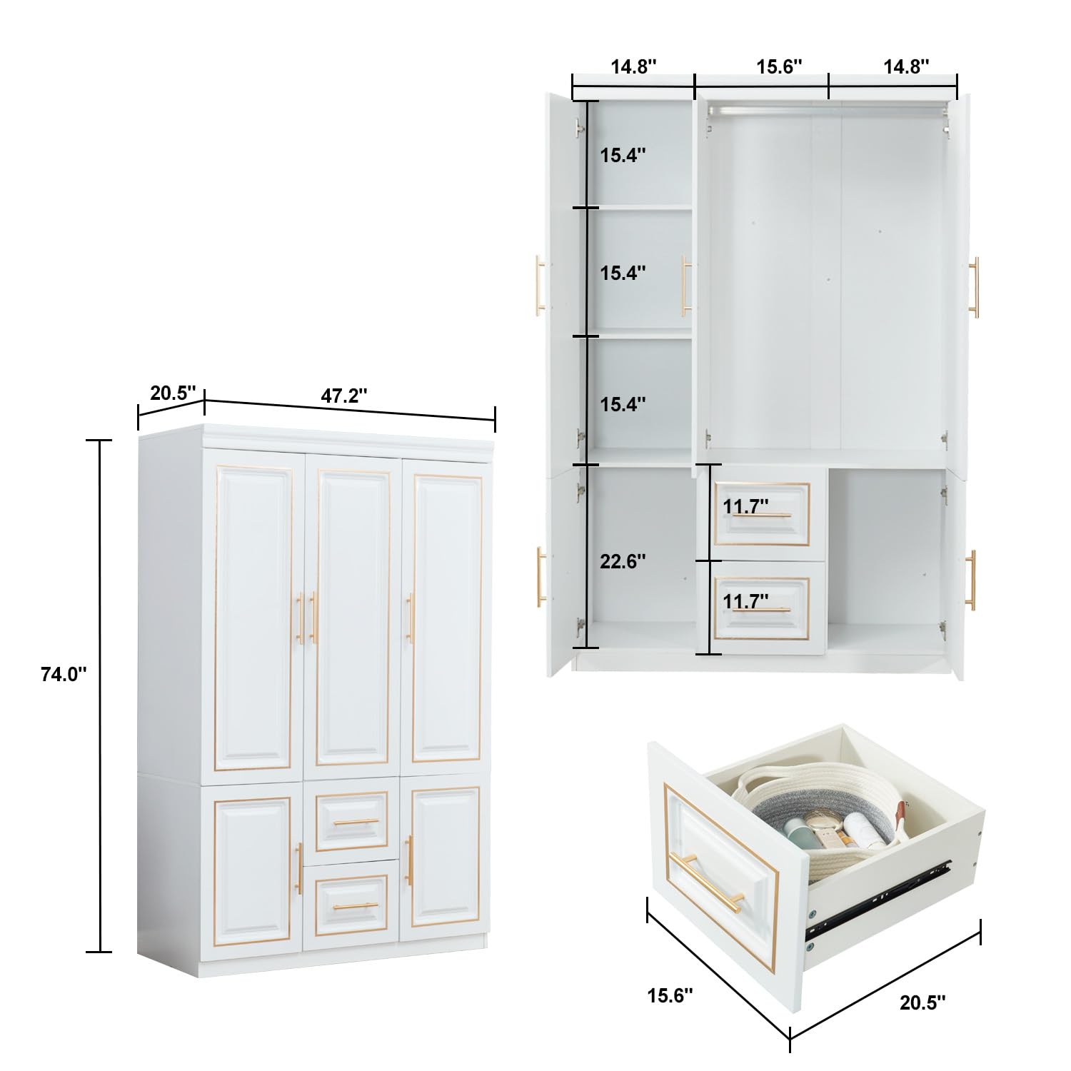 White Wooden Wardrobe Closet Armoire with Hanging Rod & Shelves - Bedroom Storage Cabinet for Clothes, Shoes & Accessories | Perfect for Small Spaces, Apartments & Dorm Rooms