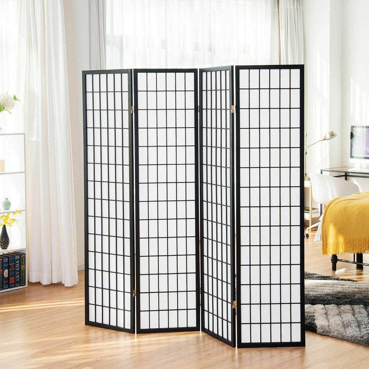 4-Panel Wooden Room Divider Folding Privacy Screen - Black Freestanding Partition for Bedroom, Living Room & Office - Space Separator with Bonus Ebook Guide for Home Decor