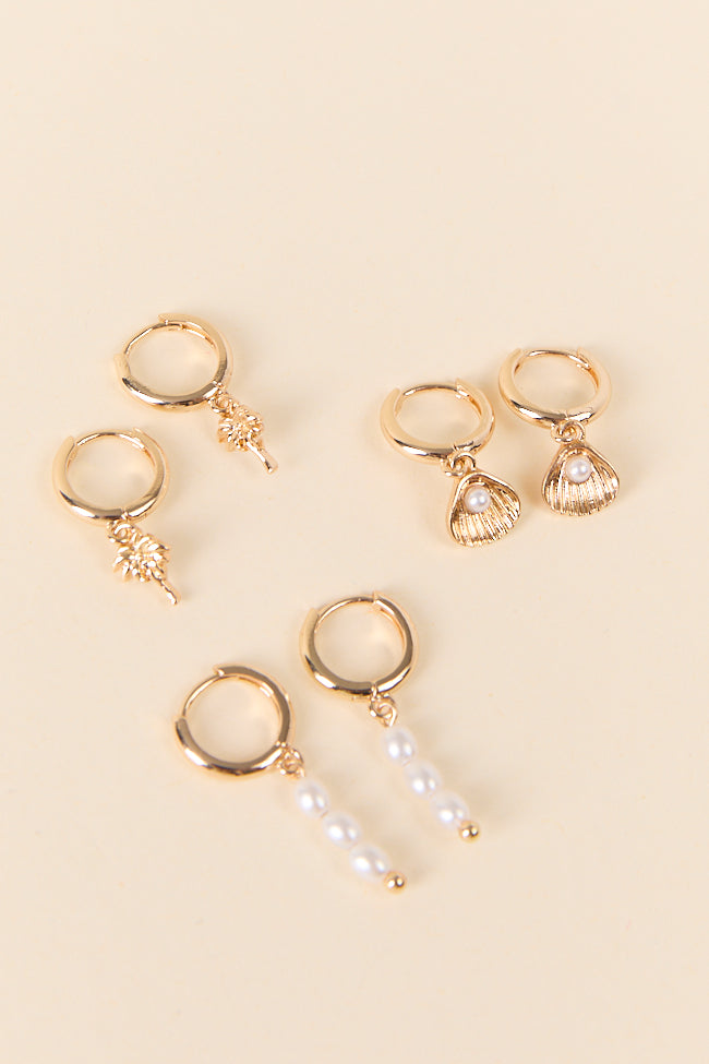 Gold Sea Life Pearl Trio Earrings - 14K Gold Plated Stud Earrings with Pearl Accents for Women | Perfect for Beach Weddings, Vacation Jewelry & Everyday Elegance