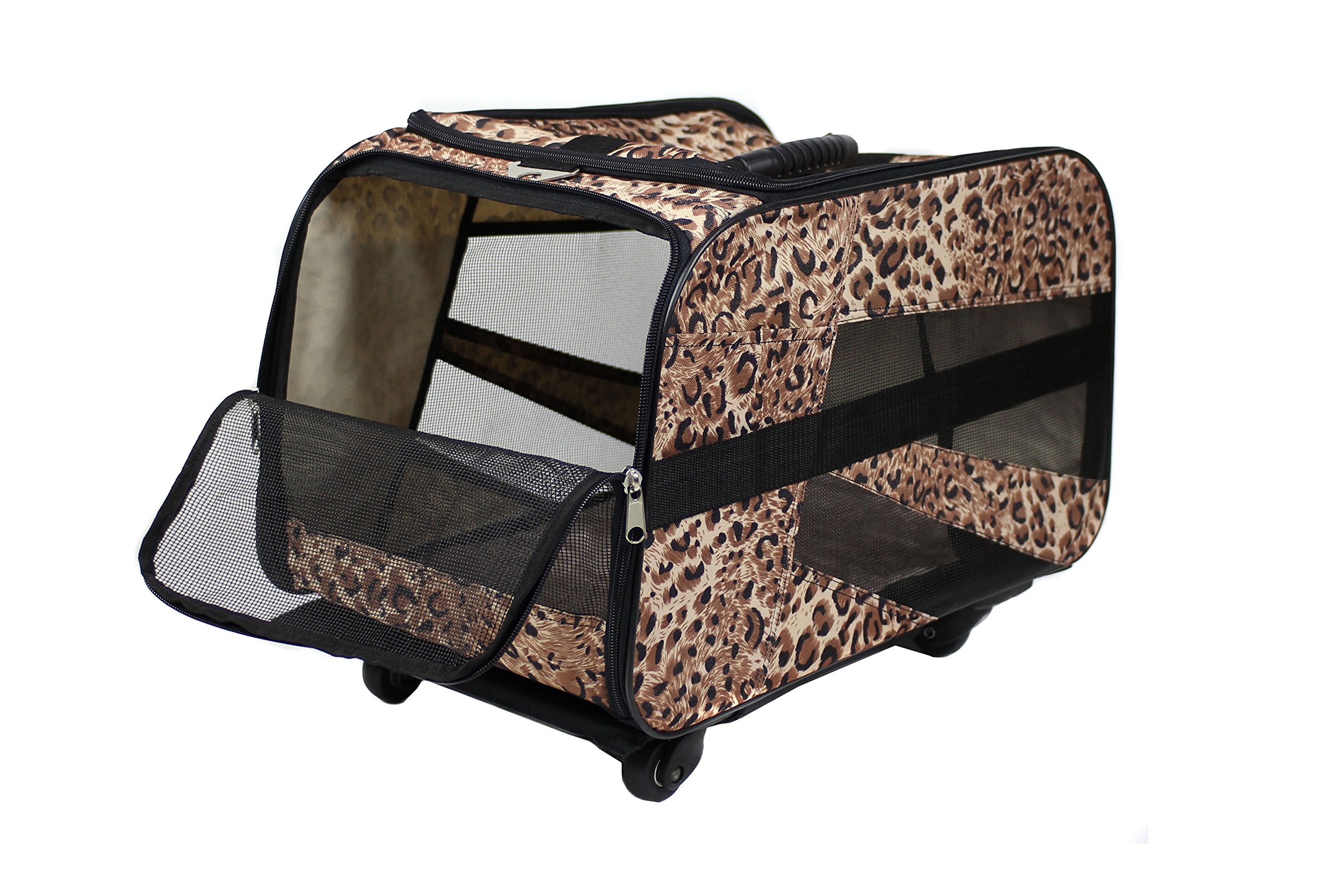 dbest Pet Smart Cart - Small Cheetah Print Rolling Pet Carrier with Wheels, Collapsible & Airline Approved Soft-Sided Travel Bag for Dogs & Cats - Perfect for Air Travel, Vet Visits & Outdoor Adventures
