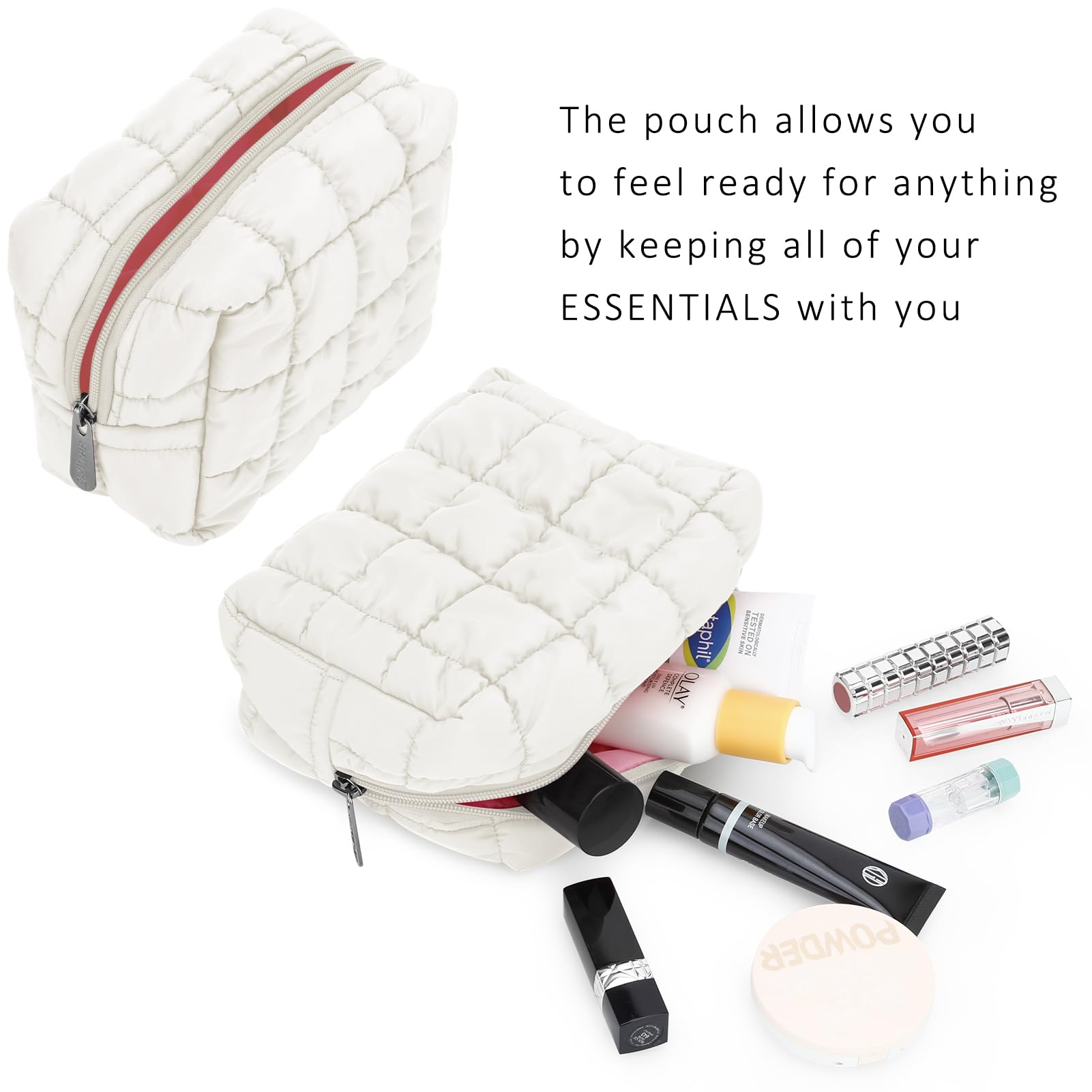 E-Tree Cute Quilted Makeup Bag - Waterproof Cosmetic Organizer Pouch for Travel, Purse & Toiletry Storage - Checkered Pattern Zippered Case (White) - Perfect for Daily Makeup, Gym Essentials & Travel Organization