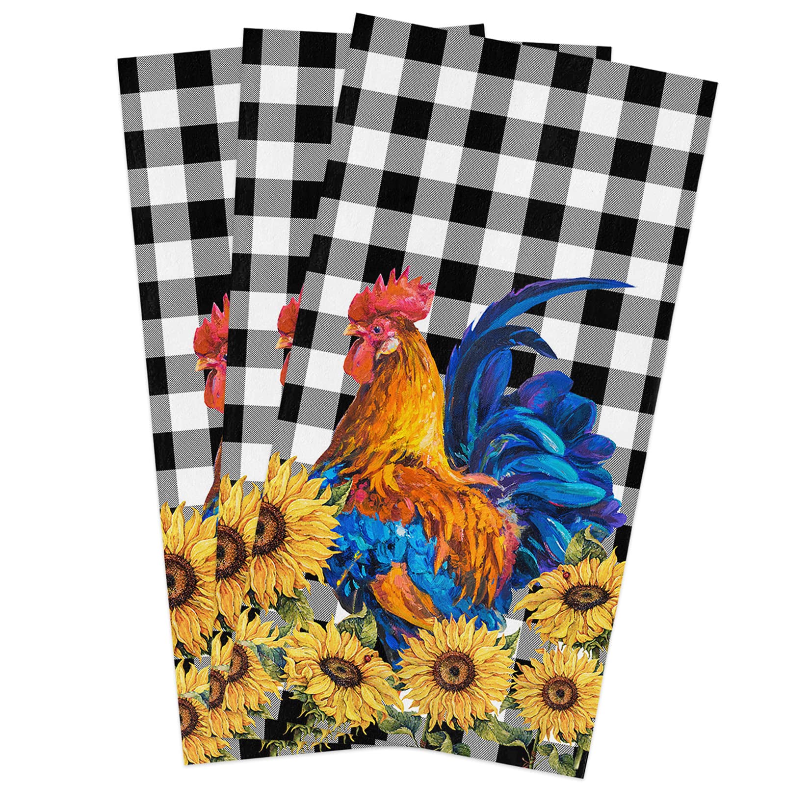 Amaze-Home 3-Pack Sunflower Rooster Farm Animal Kitchen Dish Towels - Super Absorbent Microfiber Hand & Tea Towels (18x28 Inch) for Kitchen, Bathroom - Perfect for Drying Dishes, Cleaning Counters & Farmhouse Decor
