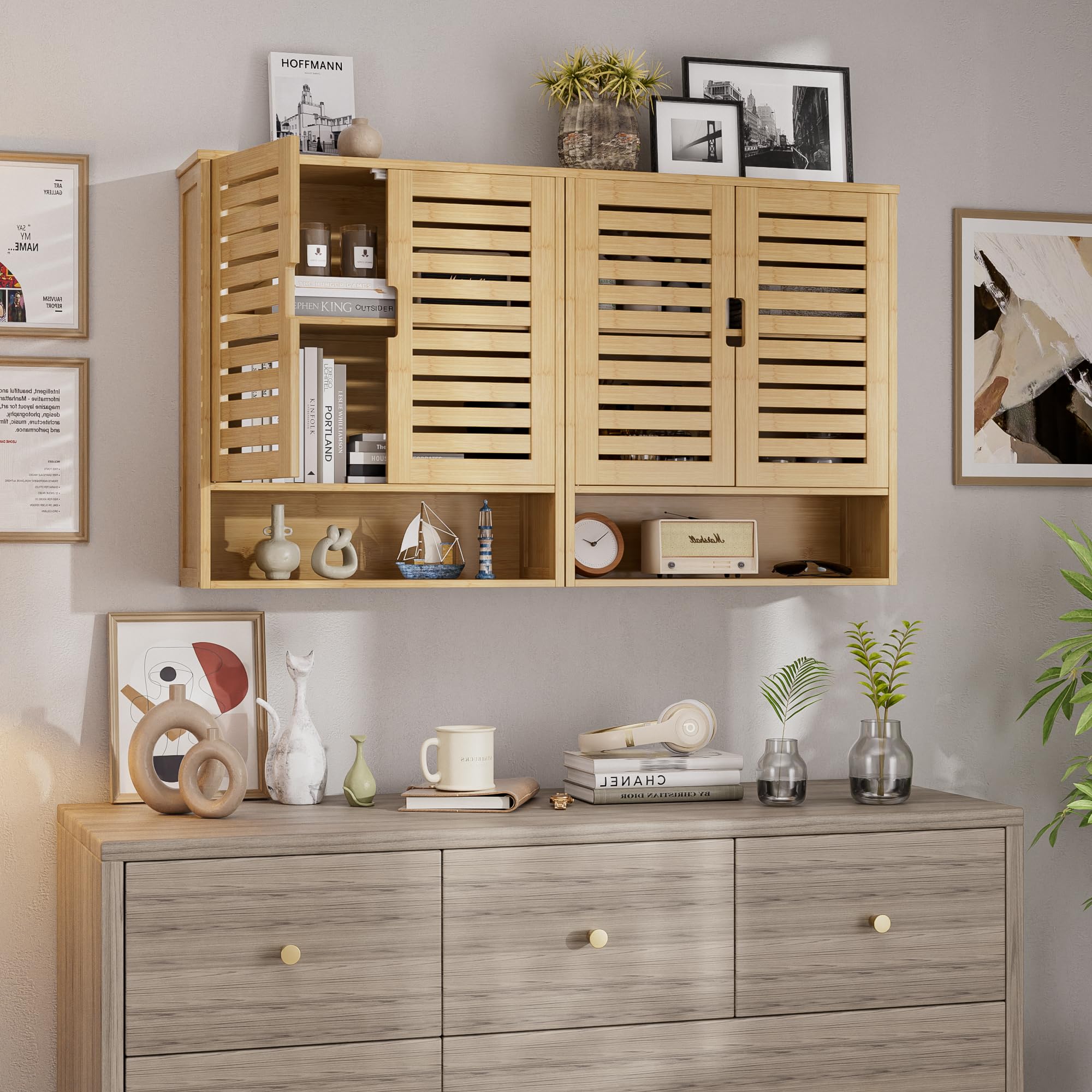 SMIBUY Wall Mounted Bamboo Bathroom Cabinet - Over The Toilet Storage Organizer with 2 Doors & Adjustable Shelves - Space Saving Medicine Cabinet (Natural) - Perfect for Small Bathrooms, Apartments & Vanity Organization