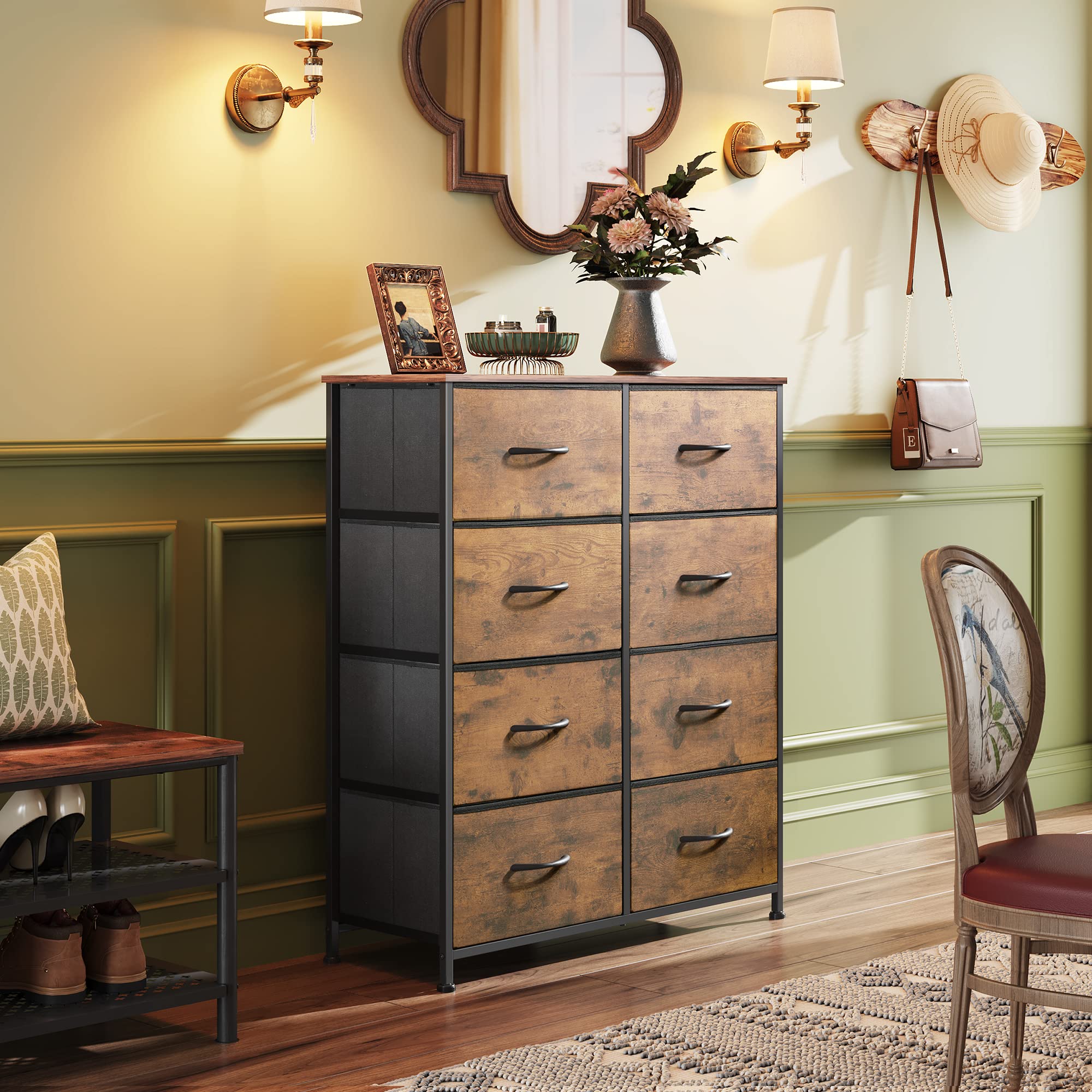 WLIVE 8-Drawer Fabric Dresser Storage Tower with Bins - Rustic Brown Wood Grain Print Chest of Drawers for Bedroom, Closet, Living Room, Hallway & Dorm Organization | Space-Saving Home Storage Solution