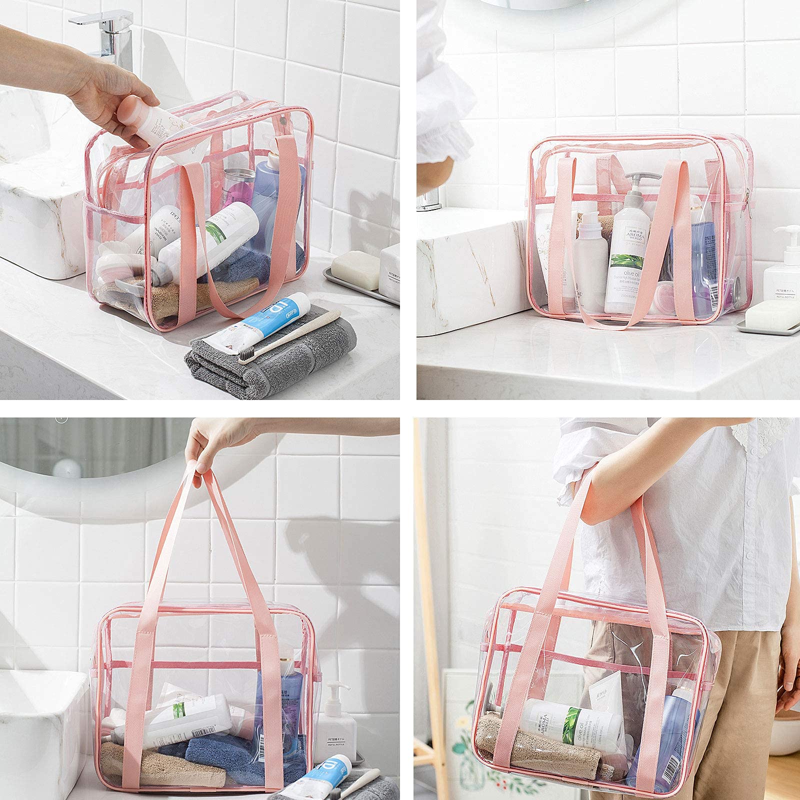 FIYUK Clear Tote Bag - Transparent Cosmetic & Makeup Organizer - Lightweight Waterproof Travel Toiletry Bag - Large Storage Capacity (Pink) - Perfect for Travel, Gym, Beach & Daily Essentials Organization