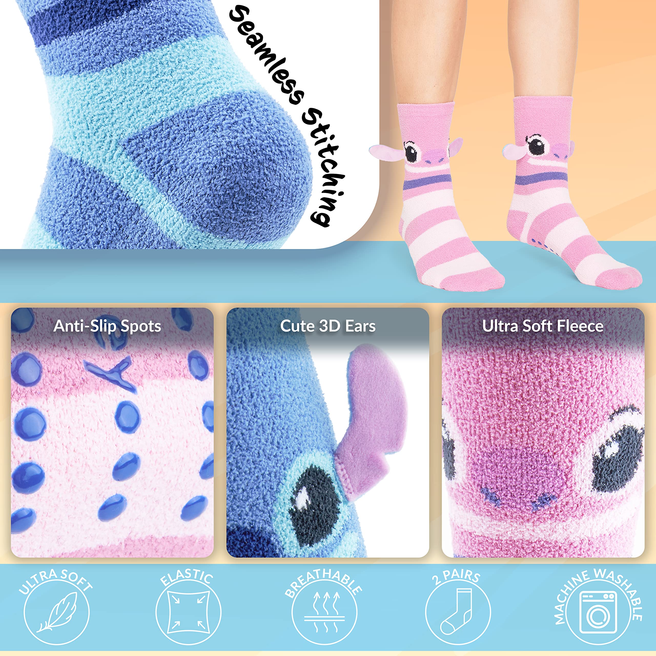 Disney Stitch Plush Slipper Socks for Women - 3 Pack Cozy Fuzzy House Socks with Non-Slip Grips - Perfect for Lounge, Sleep & Christmas Gifts