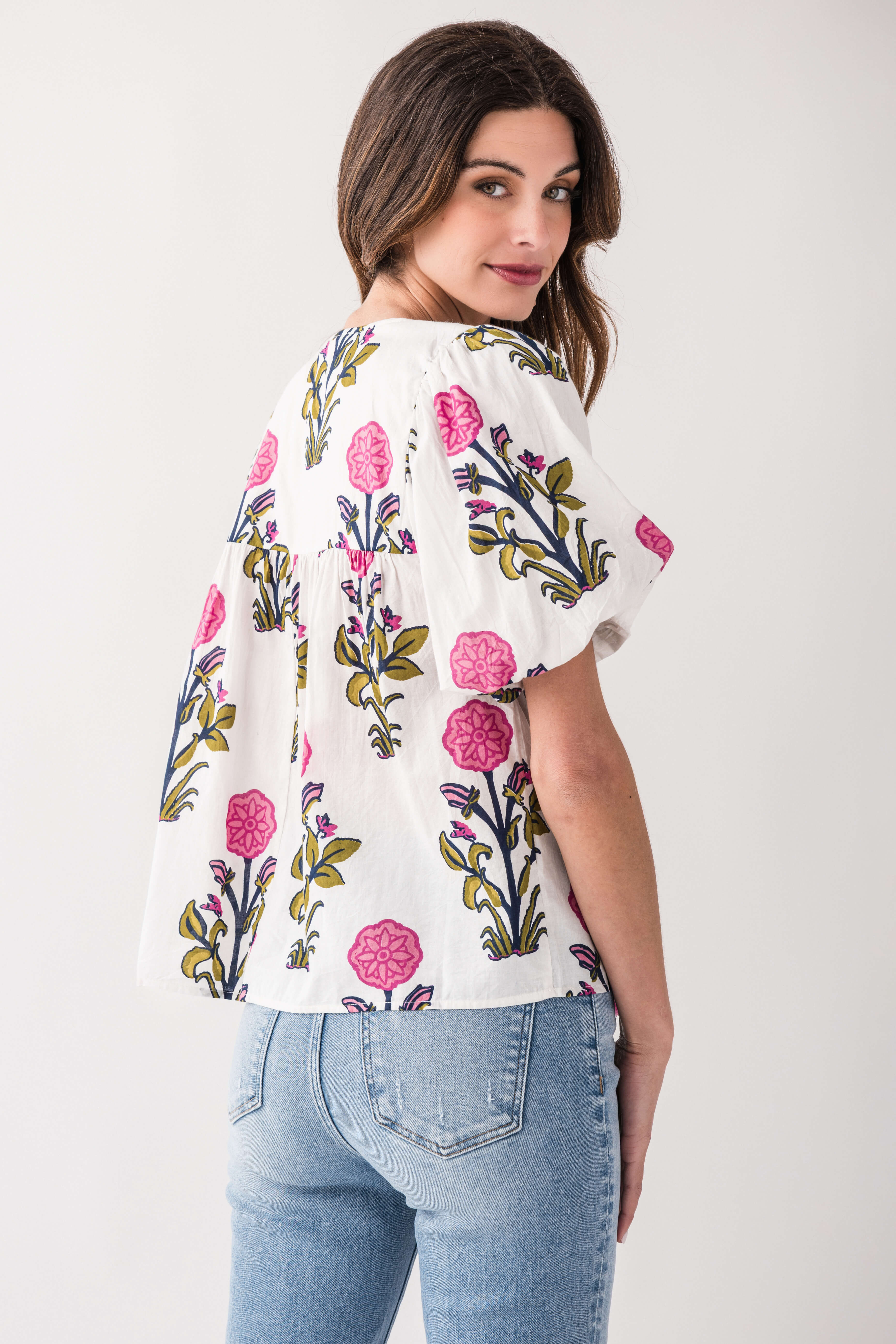 THML Women's Puff Sleeve Floral Blouse - Elegant Floral Print Tops for Spring/Summer, Perfect for Date Nights & Office Wear