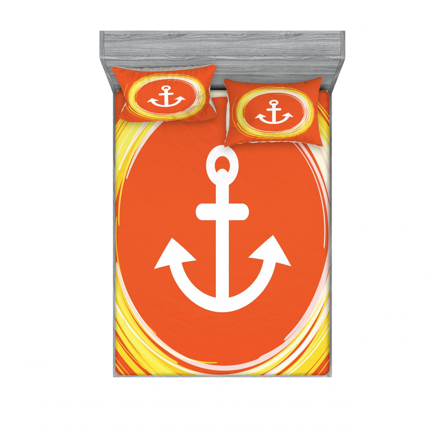 Ambesonne Nautical 2-Piece Fitted Sheet & Pillow Sham Set with Anchor Design - 4-PC Bedding Decor (2 Twin XL Fitted Sheets & 4 Pillow Covers) in Orange & Yellow - Perfect for Beach House, Coastal Decor, and Nautical-Themed Bedrooms