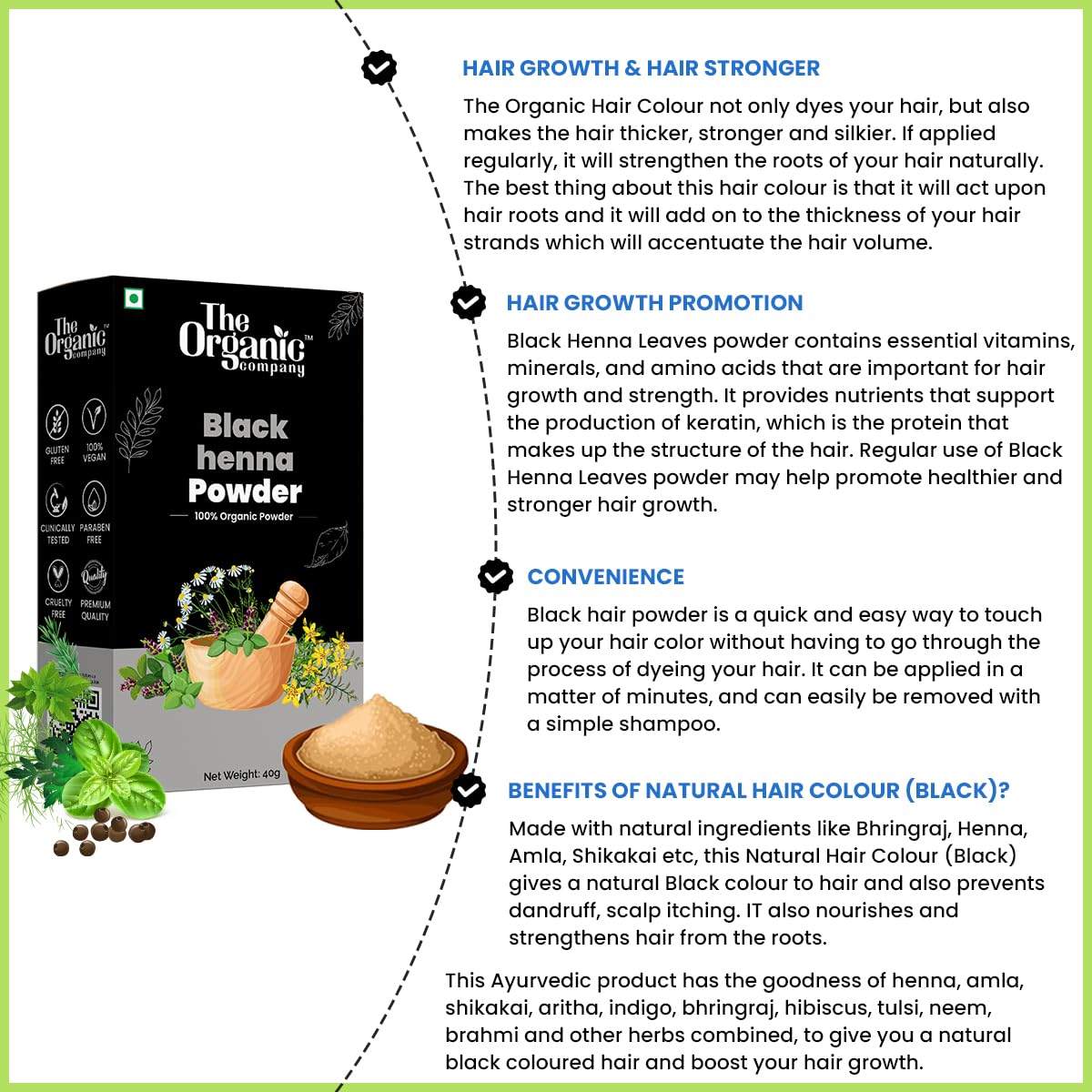 Black Hair Powder for Women & Men - Pure Black Henna Hair Dye for Natural Hair Color, Growth & Fall Control | Hair Care Conditioner & Strengthening Treatment | Perfect for Daily Styling, Special Occasions & Mehndi Designs
