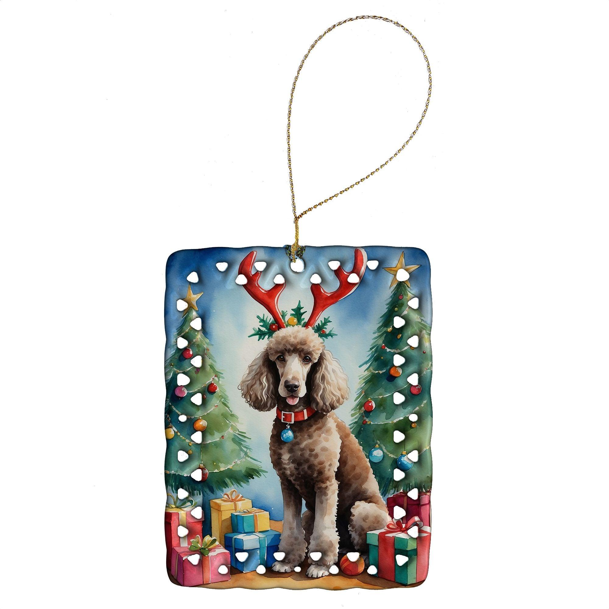 Hand-Painted Chocolate Standard Poodle Reindeer Porcelain Christmas Ornament - Rectangle Holiday Tree Decoration for Home, Festive Gift for Dog Lovers (Multicolor) | Perfect for Christmas Tree Decor, Holiday Parties & Pet Lover Gifts