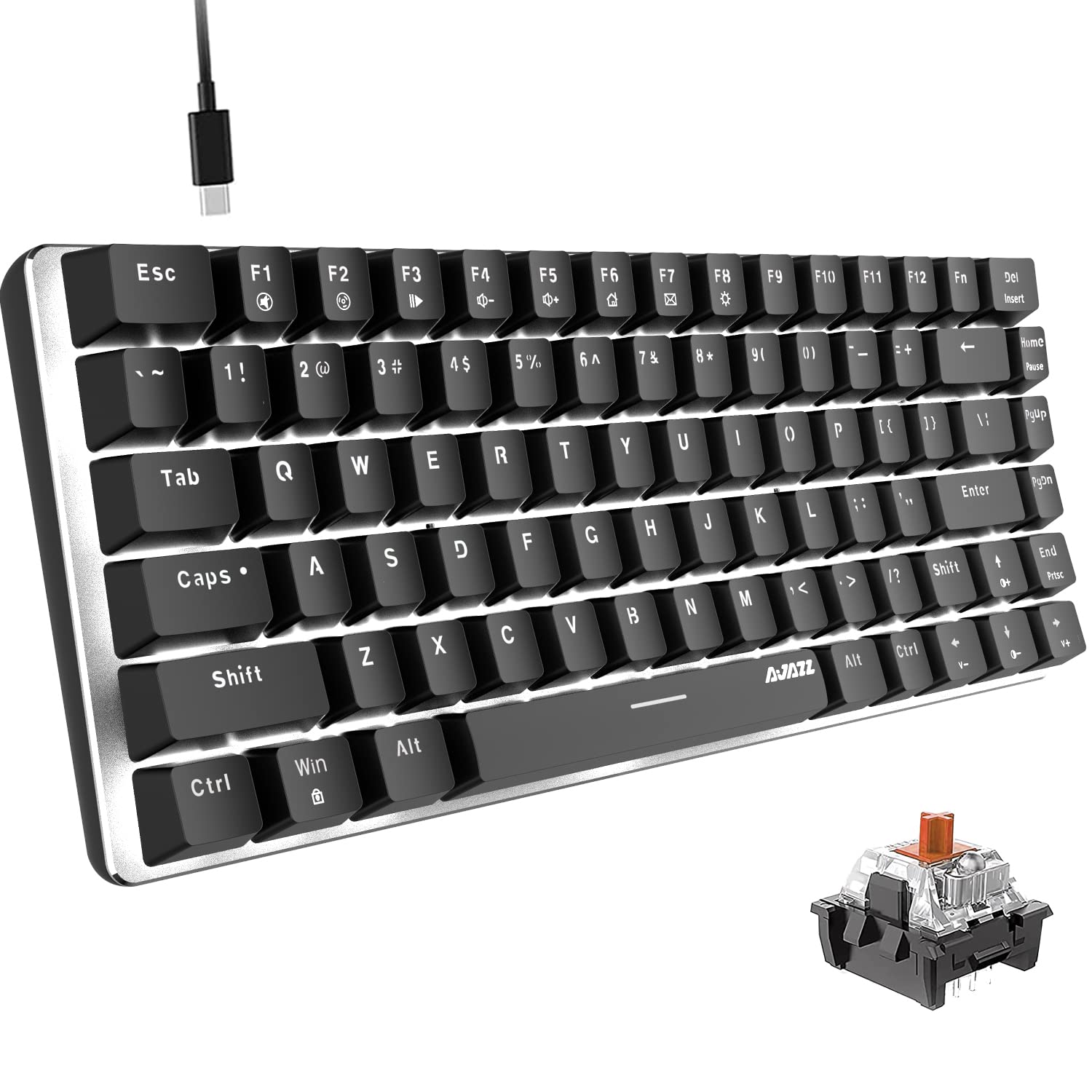 AK33 82-Key Compact Mechanical Gaming Keyboard with White LED Backlit, Anti-Ghosting Keys & USB Cable - Brown Switch (Black) | Perfect for PC Gamers, Programmers & Office Typists | Ergonomic Design for Long Gaming Sessions & Professional Work