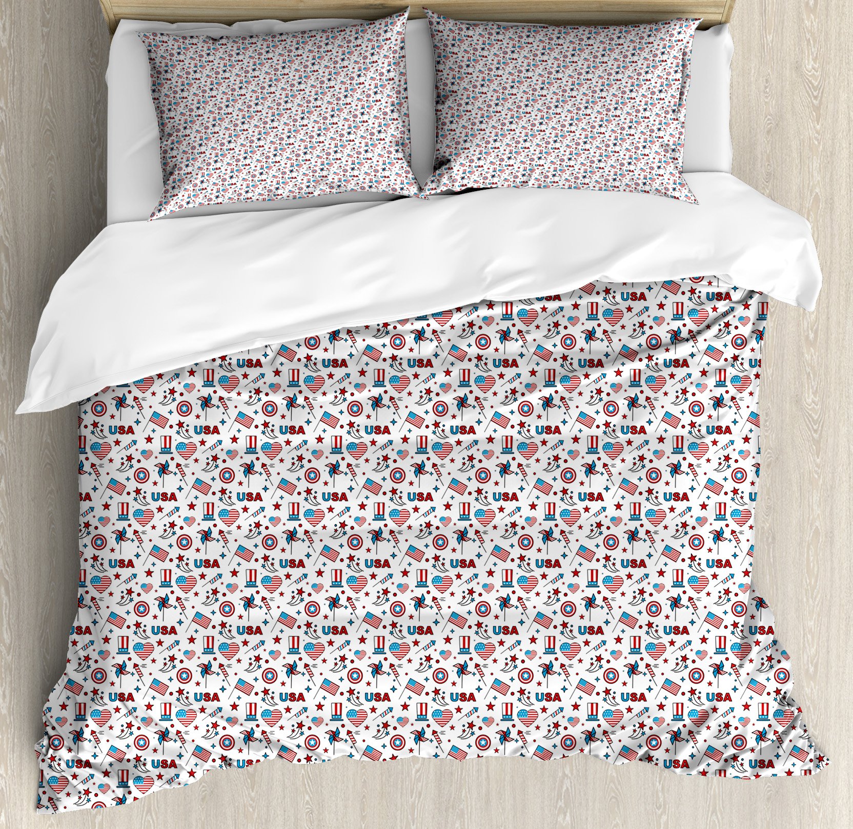 Ambesonne Patriotic 4th of July Duvet Cover Set - King Size Red White Blue American Flag & Uncle Sam Hat Design - 3 Piece Bedding Set with 2 Pillow Shams - Perfect for Independence Day Decor, Memorial Day, Veterans Day & Patriotic Bedroom Themes