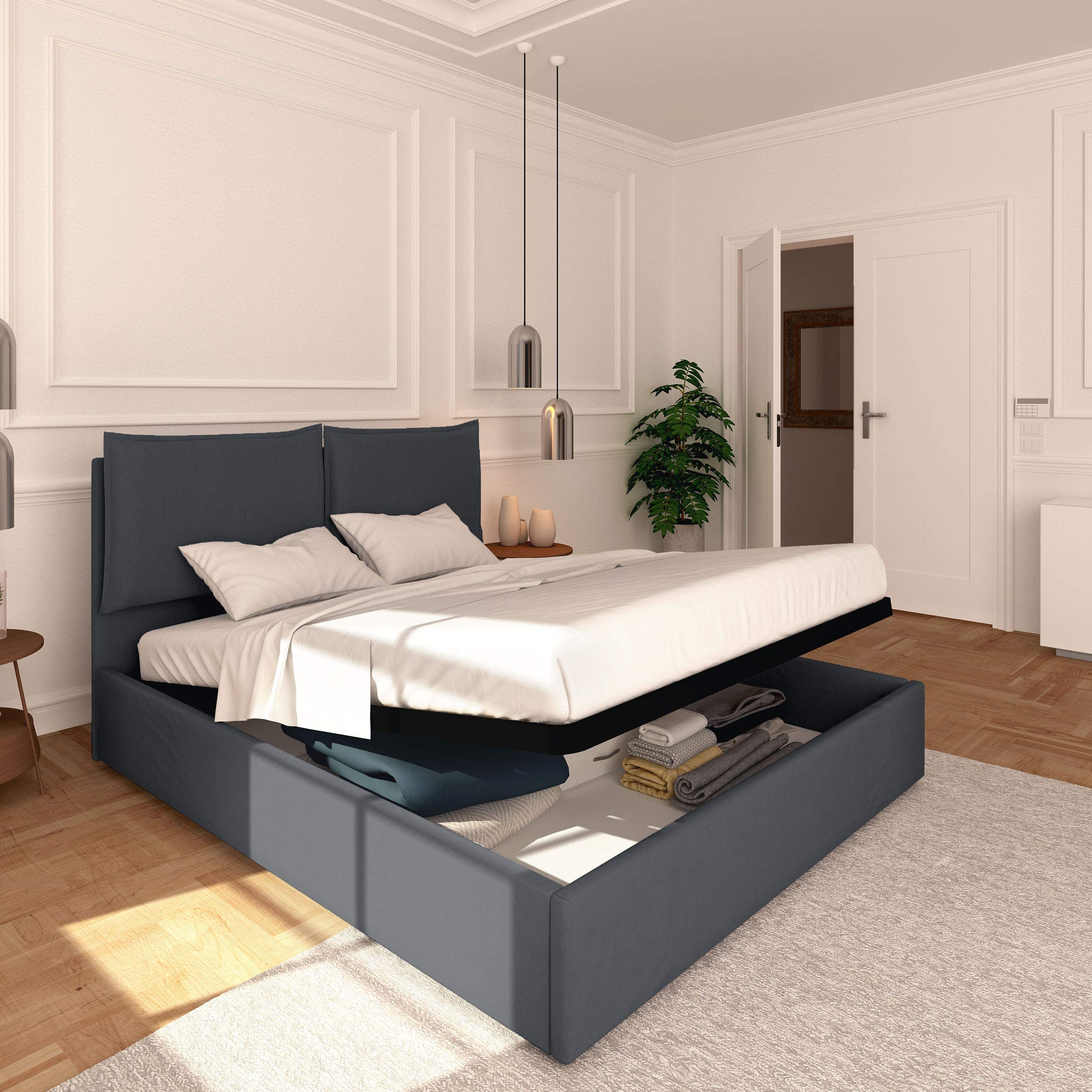 Baldiflex Licia Synthetic Leather Queen Size Bed with Storage, Slatted Base for Mattress, 180x200cm, Padded Headboard, Gray - Perfect for Modern Bedrooms & Small Spaces