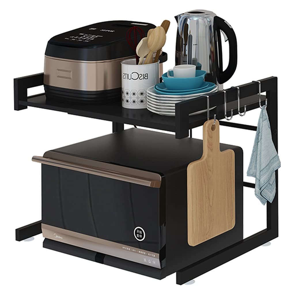 Adjustable Heavy-Duty Microwave Oven Rack - Extendable Kitchen Shelf with 4 Hooks for Counter Storage, Baking Supplies & Food Service Equipment | Perfect for Small Kitchens, Bakeries & Office Printer Organization