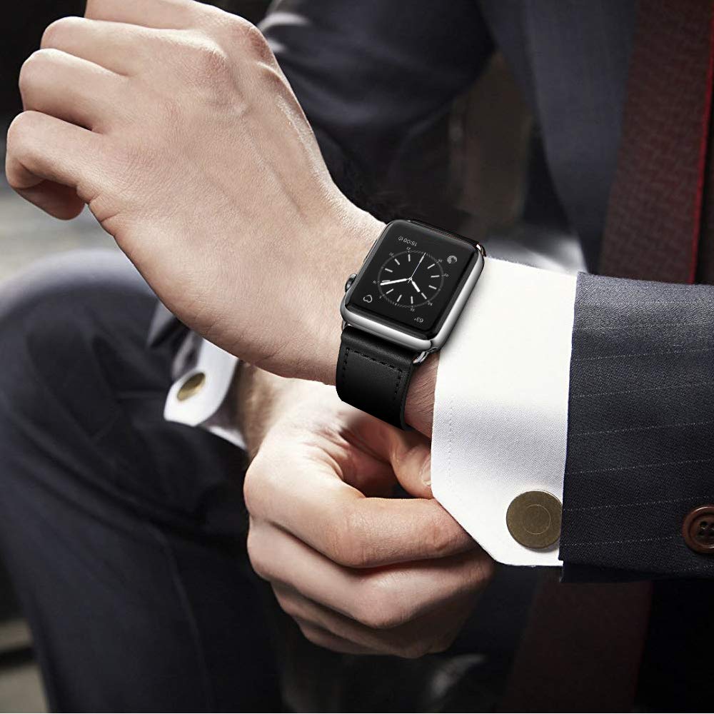KYISGOS Genuine Leather Replacement Band for Apple Watch Series 1/2/3/4/5/6/7/8/9/10 & SE - Compatible with 38mm 40mm 41mm 42mm iWatch - Black/Silver - Perfect for Workouts, Office & Everyday Wear