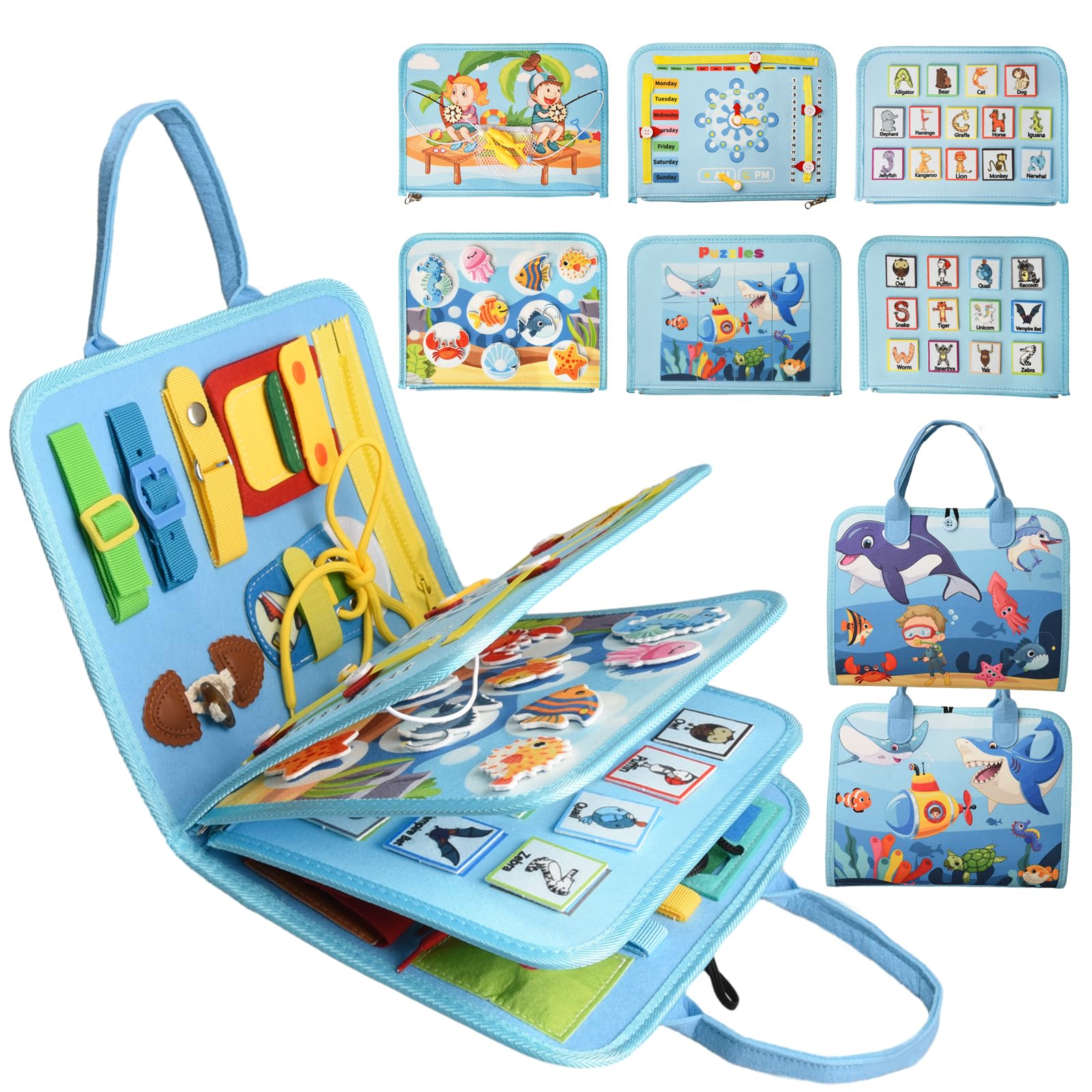 Montessori Busy Board for Toddlers 1-4 Years - Educational Sensory Toys with Fishing Game & Spelling Tools | Fine Motor Skills Learning Activity | Travel Toys for Airplane & Car Rides (Ideal Gift for Preschool Kids)