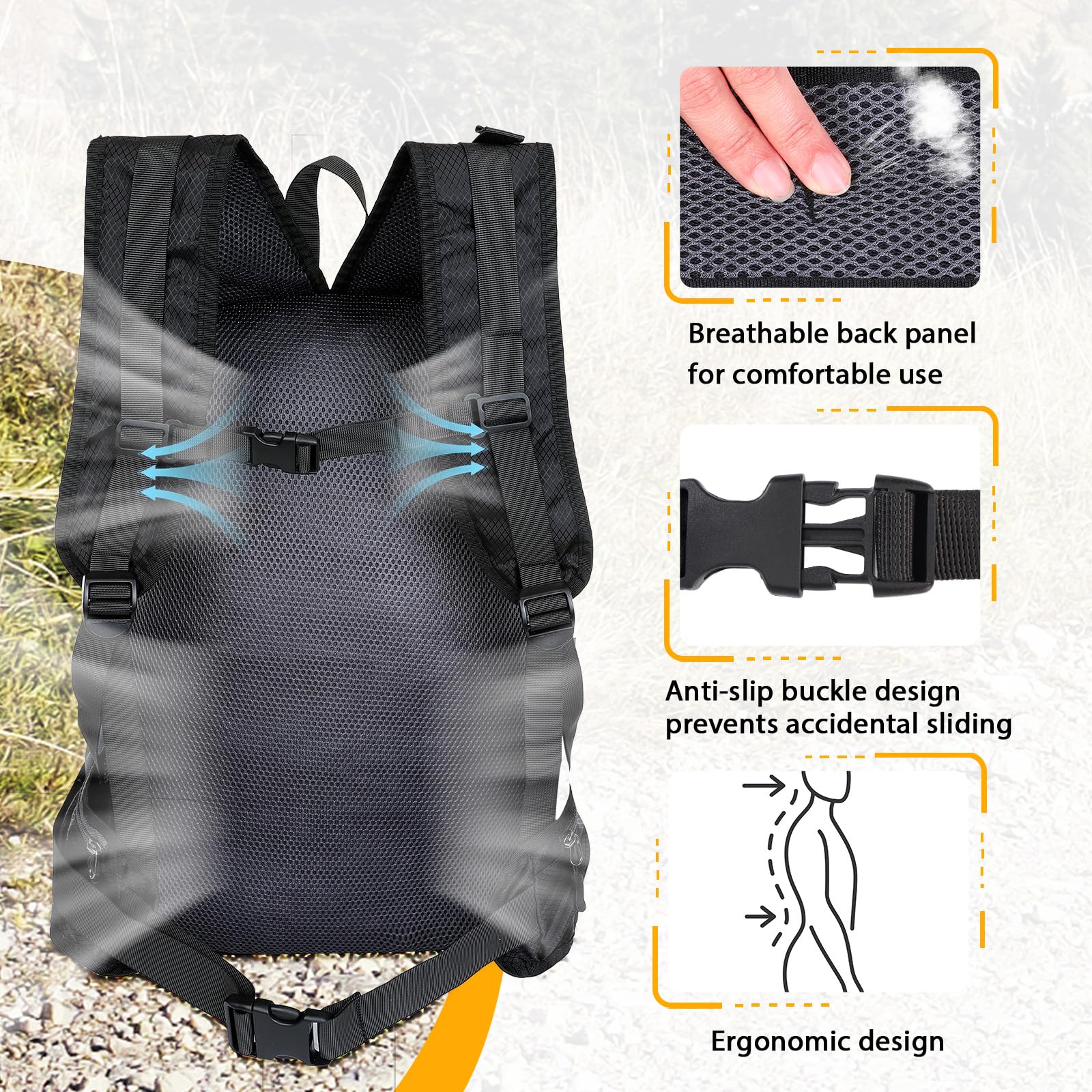 MOSISO 30L Lightweight Hiking Backpack for Men & Women - Foldable Daypack with 2 Front Pockets & Elastic Cord Strap - Perfect for Travel, Camping, Hiking & Outdoor Adventures - Black