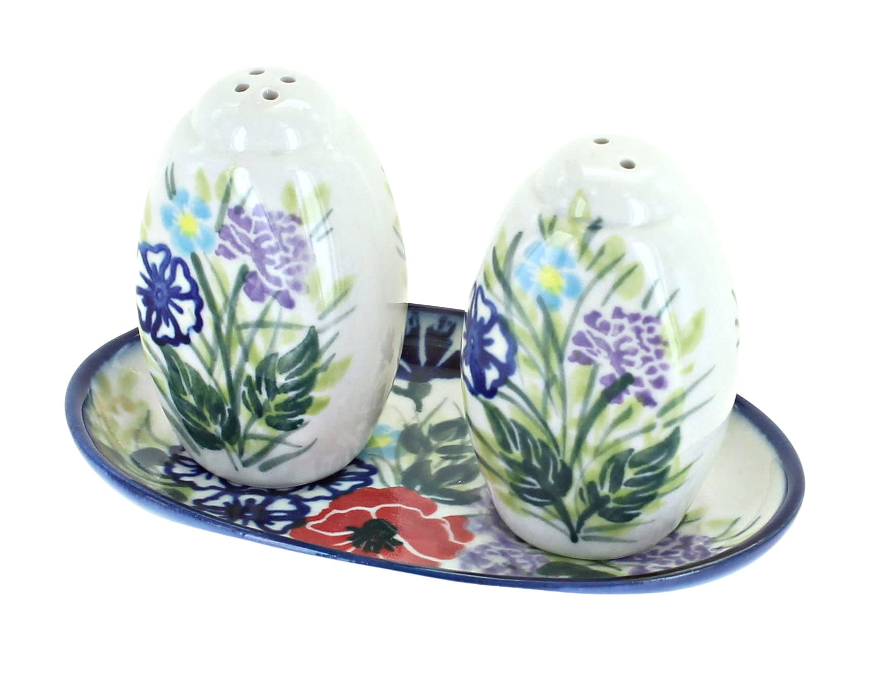 Handmade Blue Rose Polish Pottery Salt and Pepper Shakers - Summer Garden Theme - Perfect for Kitchen, Dining Table, and Outdoor Picnics