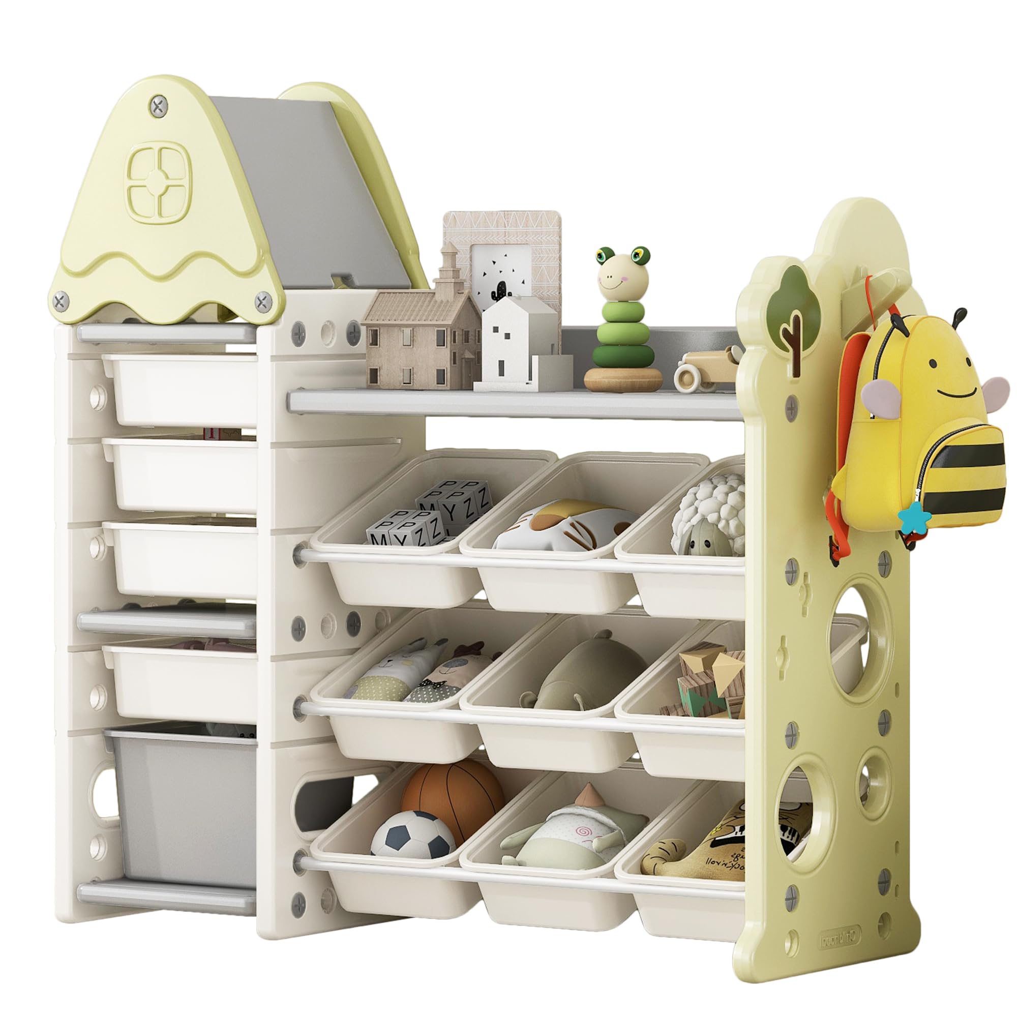 Merax 14-Bin Kids Toy Storage Organizer with Tree Roof - Green Toy Box for Boys & Girls Bedroom, Playroom, Living Room | Perfect for Organizing Toys, Books & Crafts in Children's Rooms & Play Areas