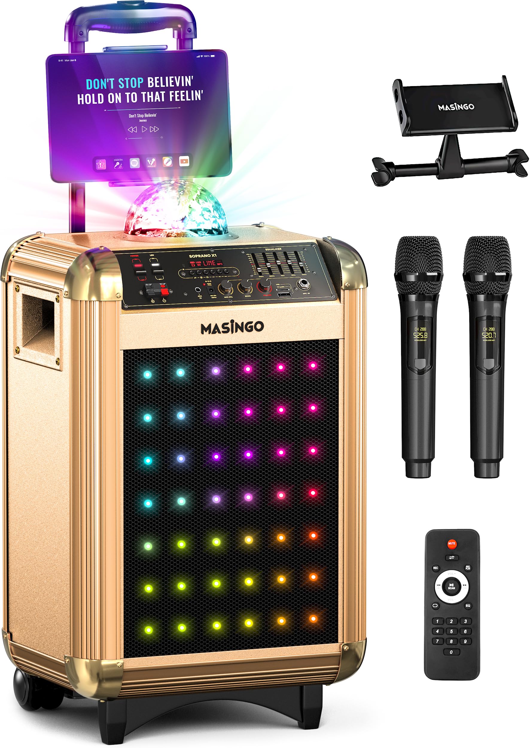 MASINGO X1 2.0 Karaoke Machine with Bluetooth Wireless Microphones - Portable PA Speaker System with Disco Lights, Lyrics Display & TV Cable for Home Parties, Kids Singing, and Outdoor Gatherings