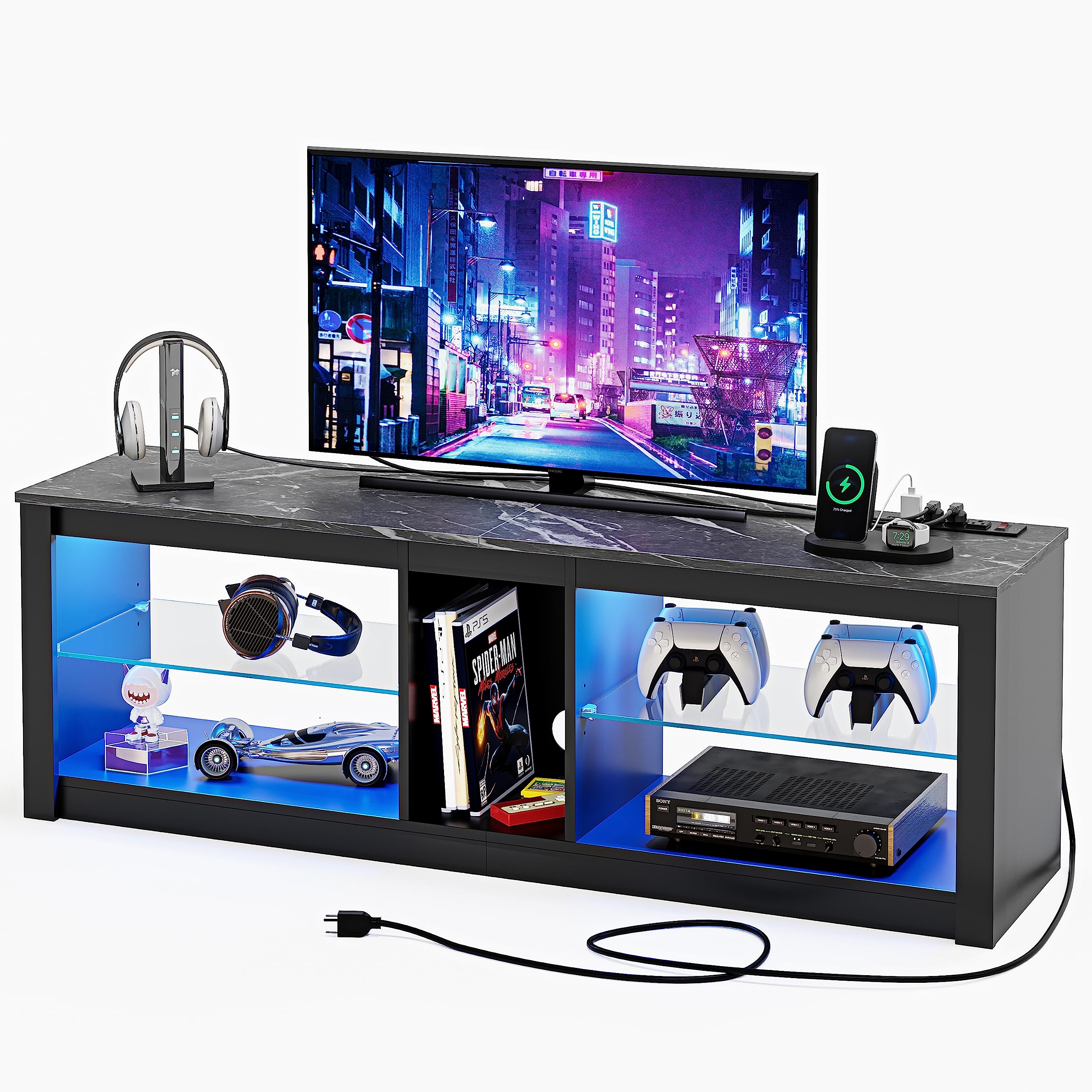 Bestier 55 Inch Modern TV Stand with Power Outlet & Storage - Entertainment Center for 55/60/65 Inch LED TVs - Black Marble TV Cabinet for Living Room, Gaming & Xbox Setup