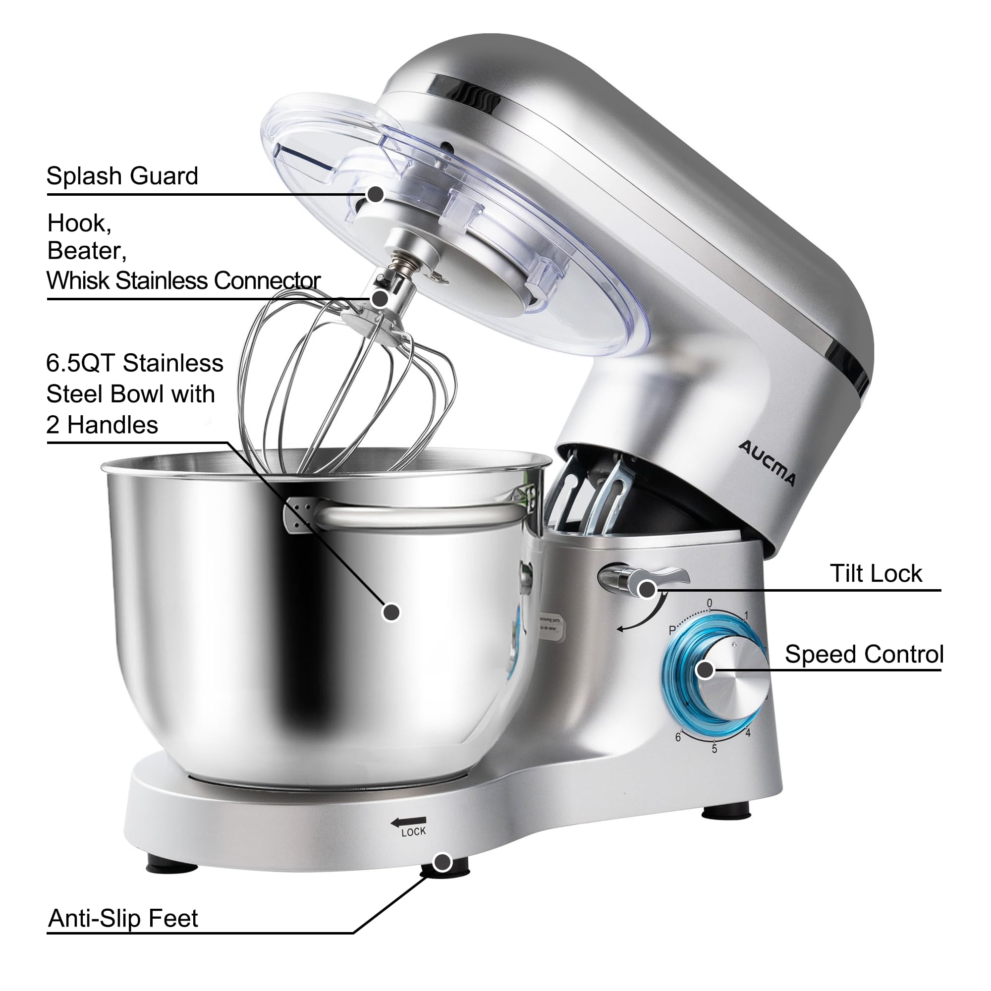 Aucma 6.5-QT 660W Stand Mixer - 6-Speed Tilt-Head Electric Kitchen Mixer with Dough Hook, Wire Whip & Beater (Silver) - Perfect for Baking Cakes, Cookies, Bread & More