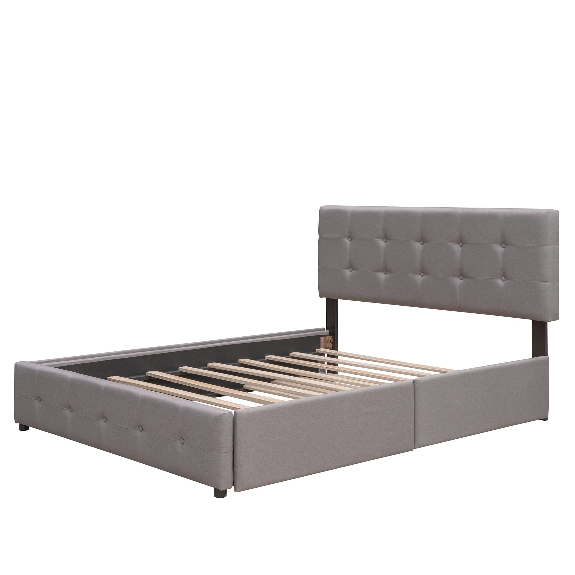 Queen Upholstered Storage Bed with Wooden Platform & Twin XL Trundle - Light Grey Button Tufted Headboard | Space-Saving Bedroom Solution for Small Spaces & Guest Rooms