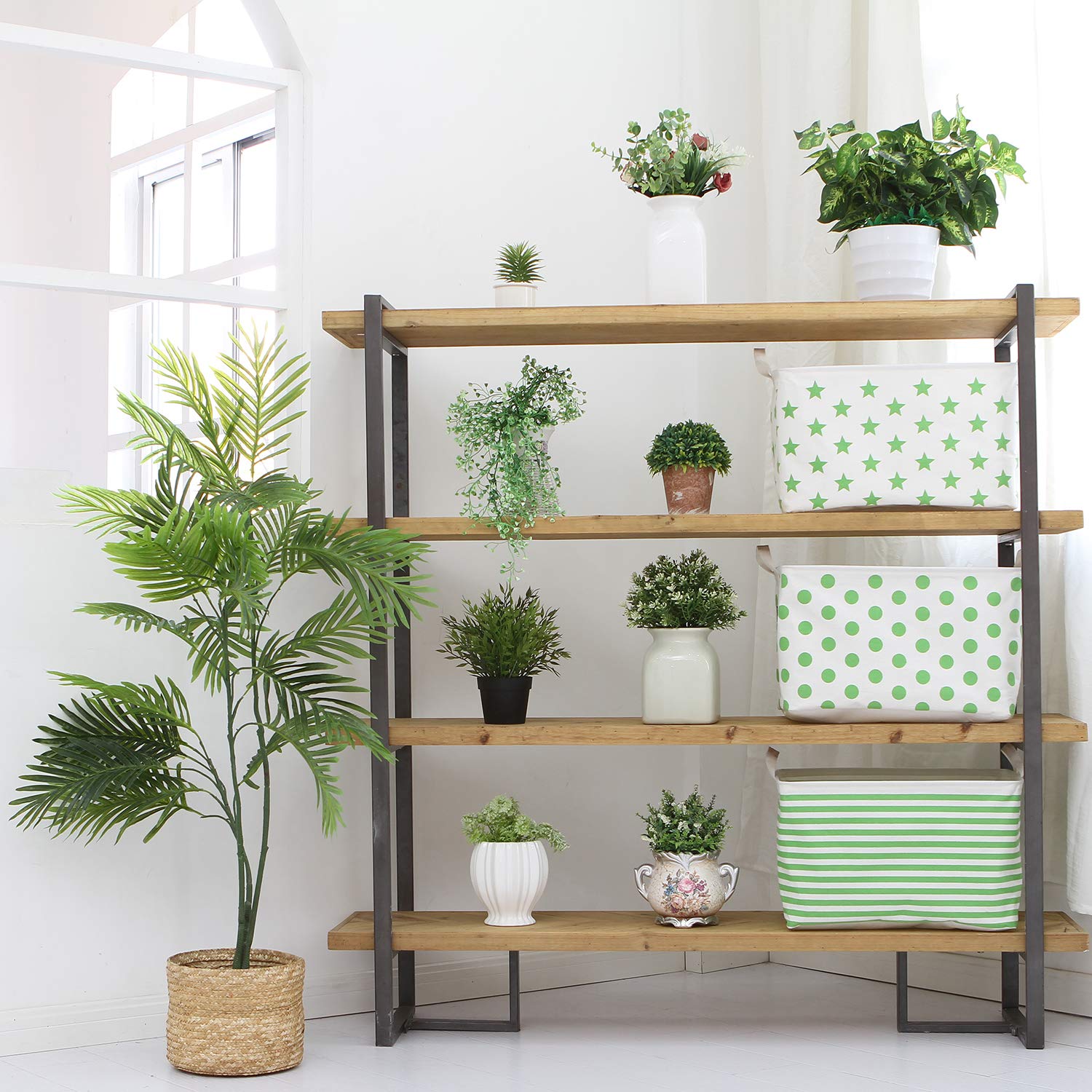 Sea Team Collapsible Canvas Storage Basket with Handles - Foldable Waterproof Fabric Bin for Closet, Shelf & Home Organization - 16.5 x 11.8 x 9.8 Inches Rectangle Storage Box - Perfect for Bedroom, Bathroom & Kids Room (Green Stripe)