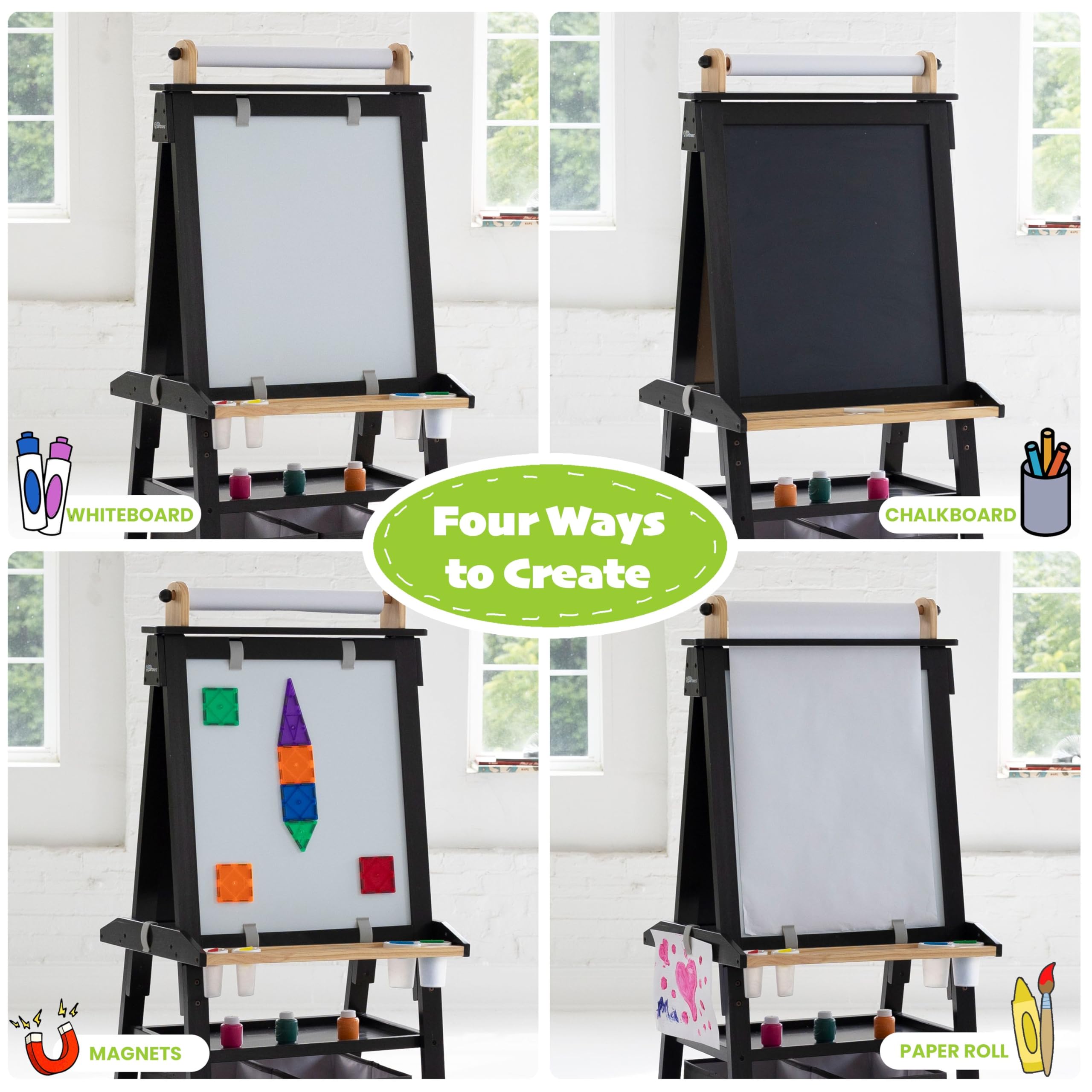 Little Partners Deluxe Learn 'N Play Toddler Easel for Kids - 2-Sided Art Center with Chalkboard & Magnetic Whiteboard | Paper Roll, Storage Bins & Paint Cups | Perfect for Home, Preschool & Creative Play (Charcoal & Natural)