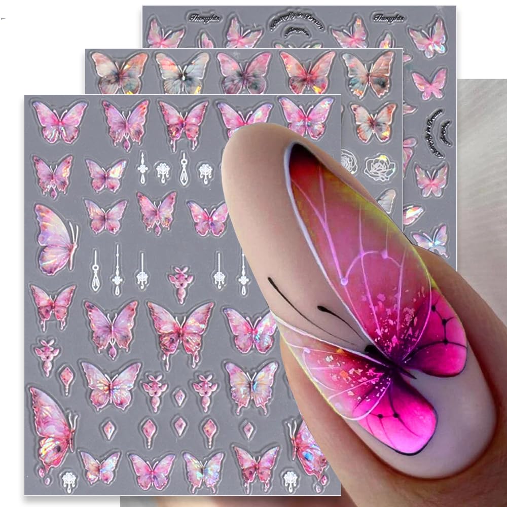 5D Aurora Butterfly Nail Stickers for Women - Cartoon Embossed Nail Art Decals with Rose Flowers | Perfect for DIY Nail Designs, Manicures, and Professional Nail Art Supplies | Great for Parties, Weddings, and Special Occasions