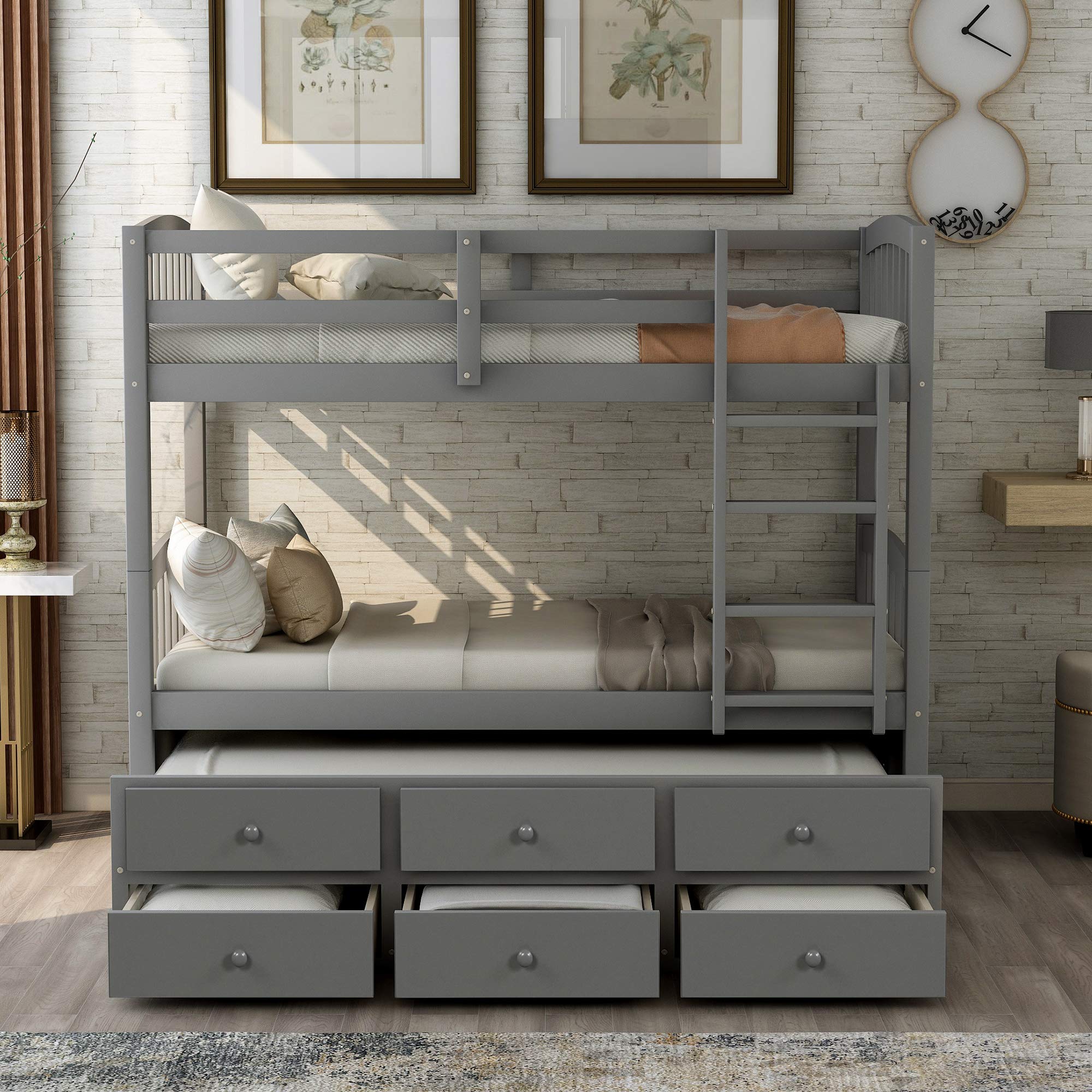 Twin Over Twin Bunk Bed with Trundle - Solid Wood Bed Frame with Ladder & Safety Rail - 3 Storage Drawers - Space Saving Kids & Teens Bedroom Furniture (Grey) - Perfect for Small Rooms, Guest Rooms & Vacation Homes