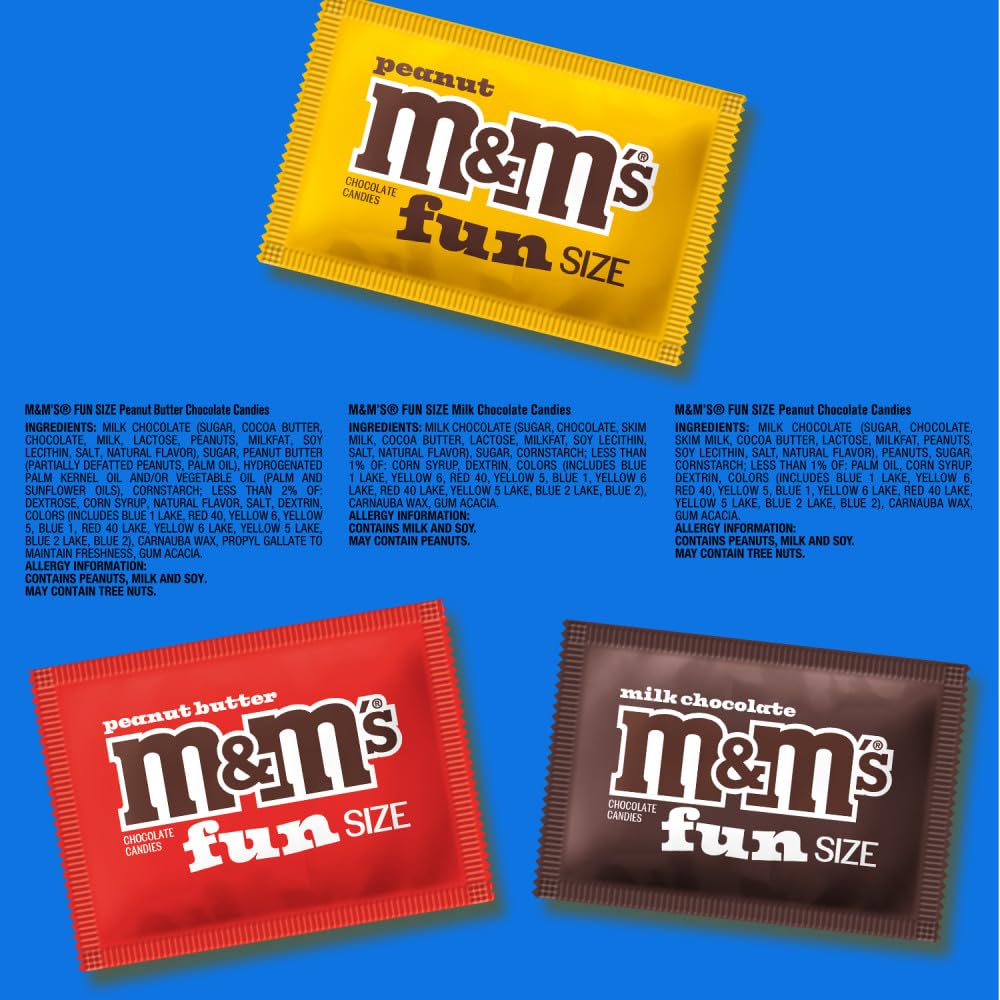 M&M'S Milk Chocolate, Peanut & Peanut Butter Fun Size Variety Pack - 19.41 Oz Bulk Candy Bag for Halloween, Christmas Parties & Office Snacks