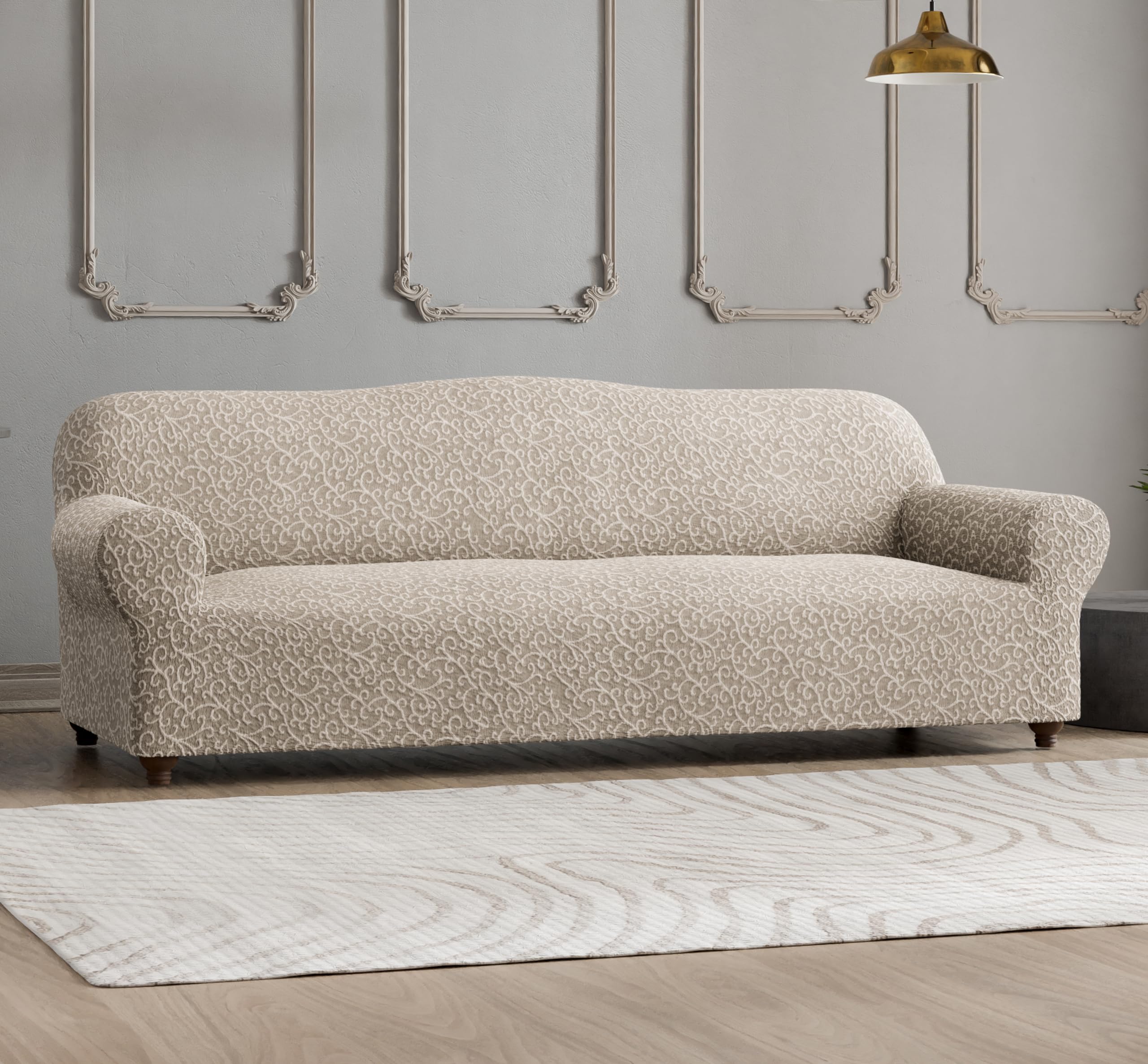 PAULATO BY GA.I.CO. Stretch Sofa Slipcover - Washable Jacquard 3D Couch Cover - Soft Fabric 1-Piece Form Fit Protector for Pets - Beige Arabesco Design | Perfect for Living Room, Family Room & Pet-Friendly Homes