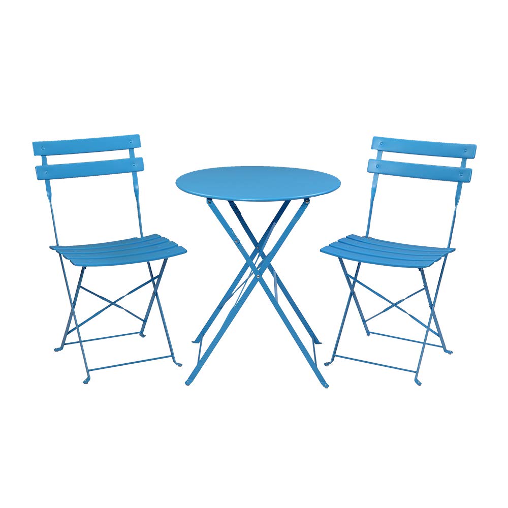 Premium 3-Piece Foldable Steel Outdoor Dining Set - Round Patio Table & Chairs for Porch, Balcony, Garden, Terrace - Weather-Resistant Blue Leisure Furniture for Backyard BBQ, Poolside Relaxation & Outdoor Entertaining