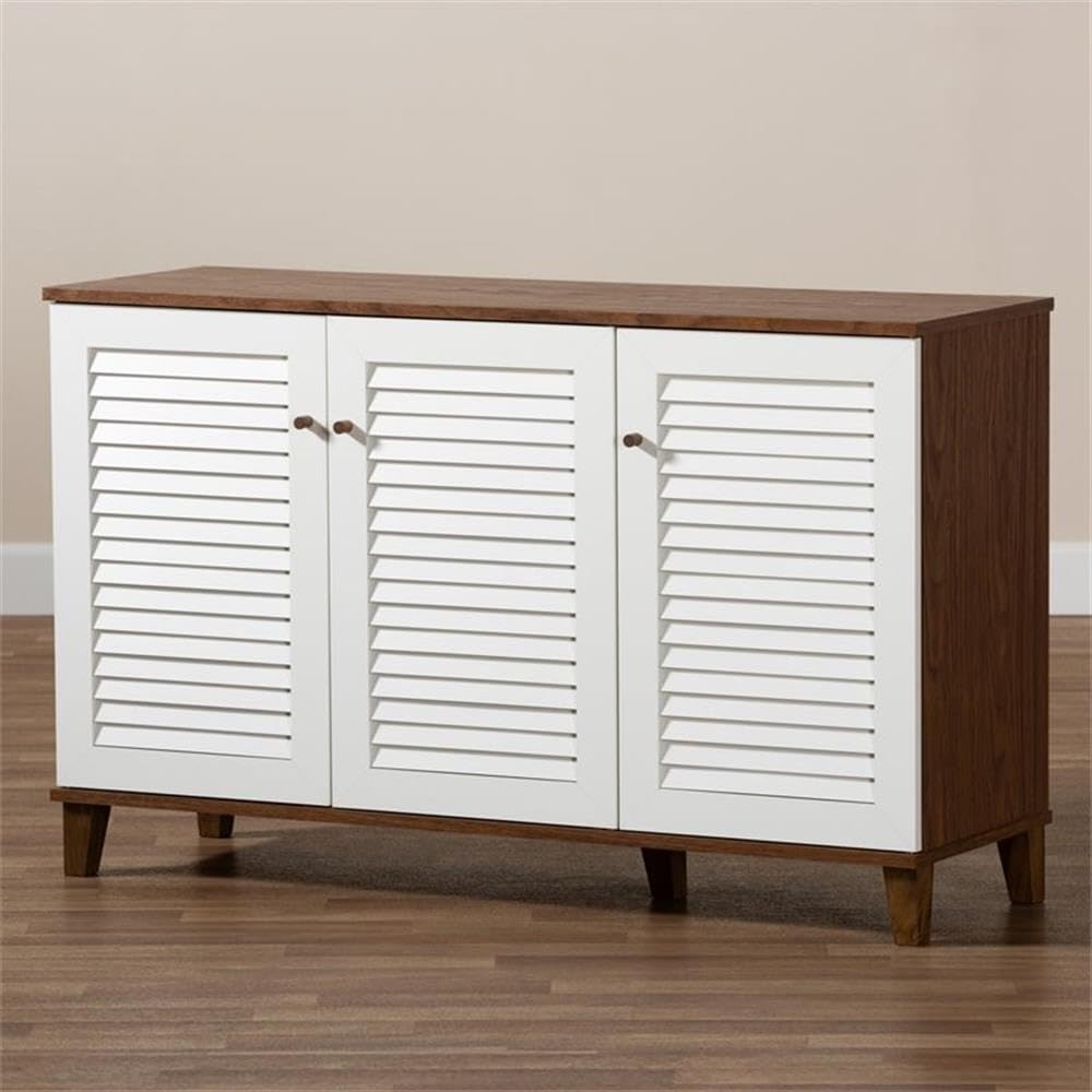 BOWERY HILL Modern Walnut 8-Shelf Shoe Storage Cabinet - Contemporary Shoe Organizer for Entryway, Closet & Bedroom Organization