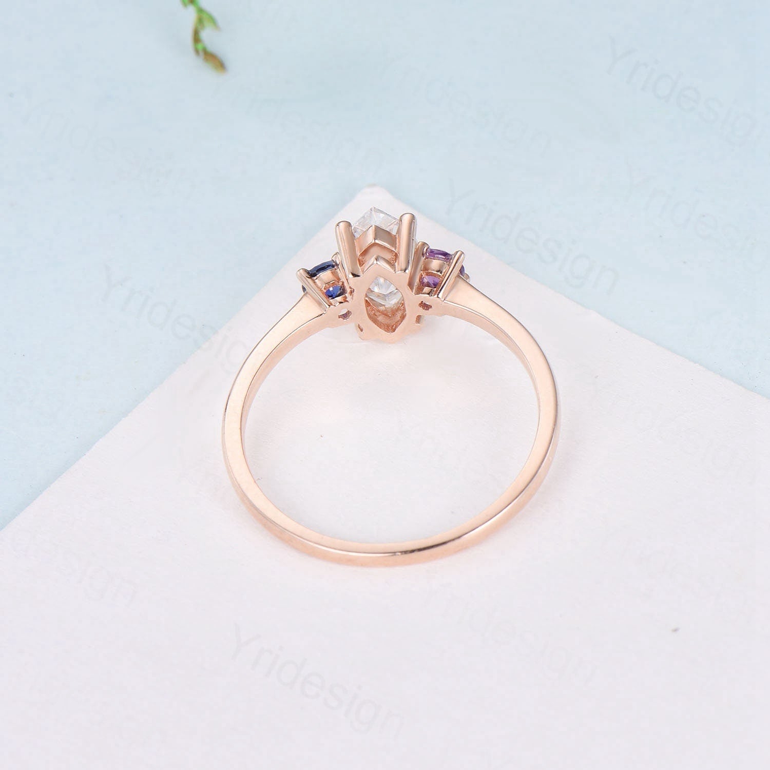 Elegant Marquise Cut Moissanite Engagement Ring in Rose Gold - Minimalist Three Stone Wedding Band with Sapphire & Amethyst Accents - Women's Promise Ring for Proposals, Anniversaries & Special Occasions