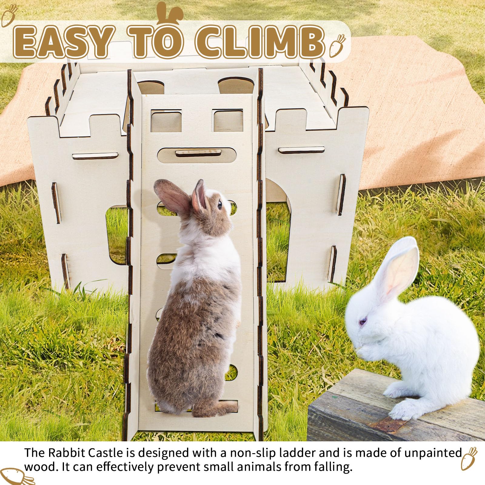 Wooden Rabbit Hideout Castle with Stairs - Indoor Rabbit House for Small Pets Like Guinea Pigs & Chinchillas - Perfect for Playtime, Resting & Cage Enrichment