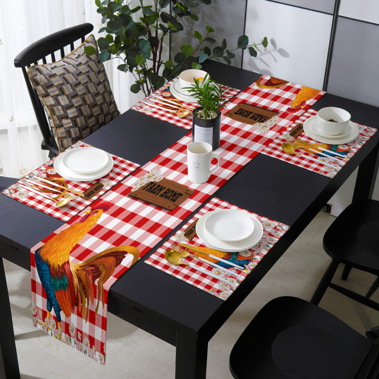 Rooster and Daisy Flowers Cotton Linen Placemat Set with Red Checker Pattern - 6PCS Place Mats + 1 Table Runner (13